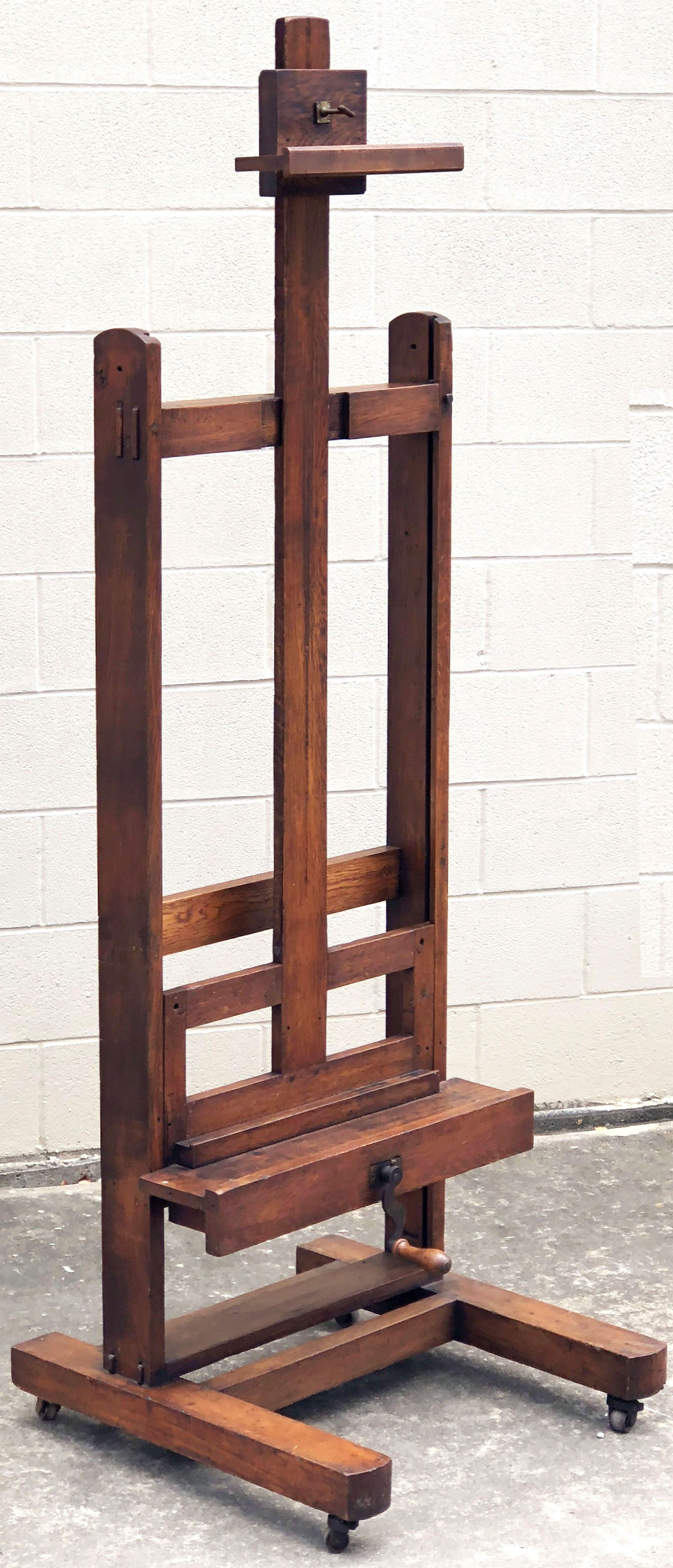 Metal Large English Artist's Display or Floor Easel with Adjustable Tray and Crank