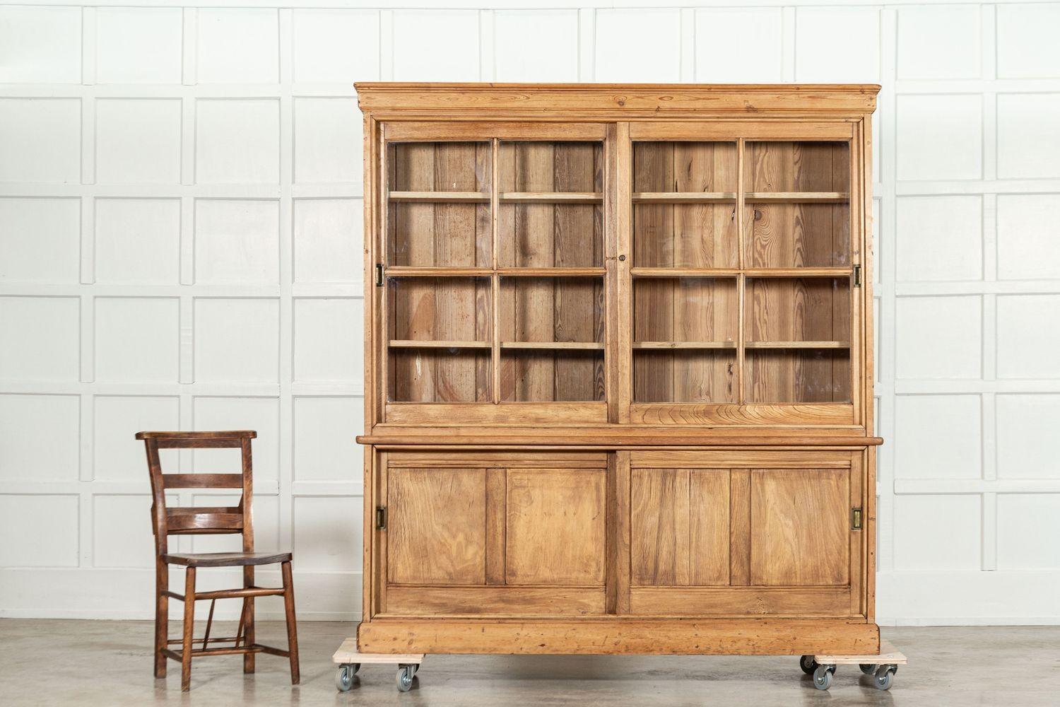 19th Century Large English Ash & Pine Glazed Bookcase Cabinet