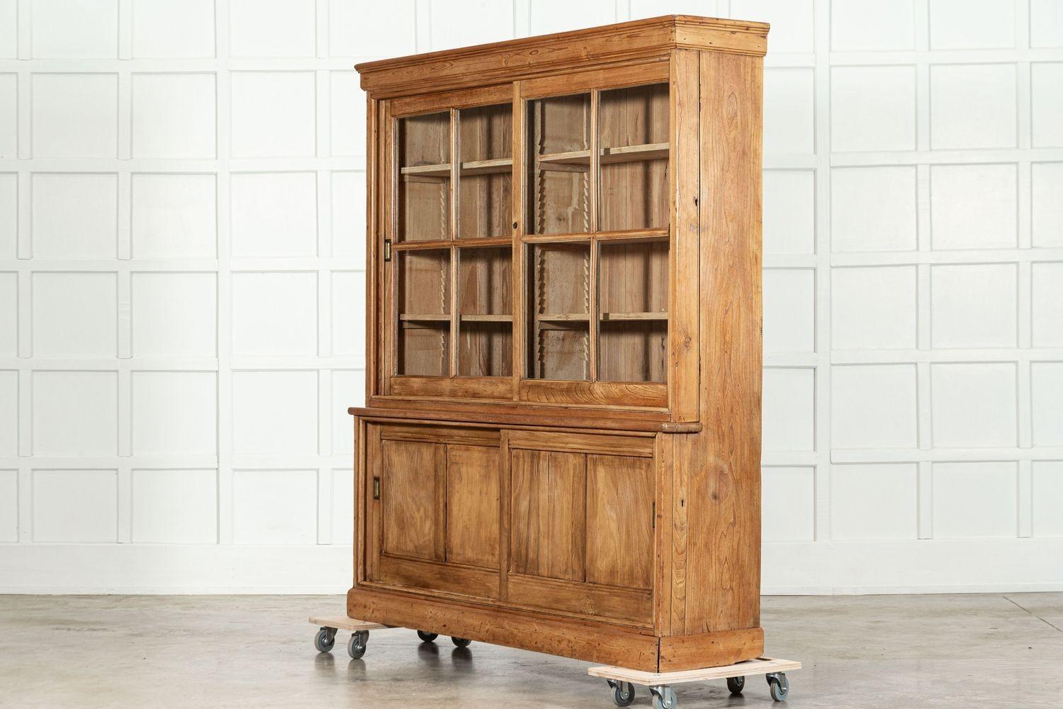 Large English Ash & Pine Glazed Bookcase Cabinet For Sale 1