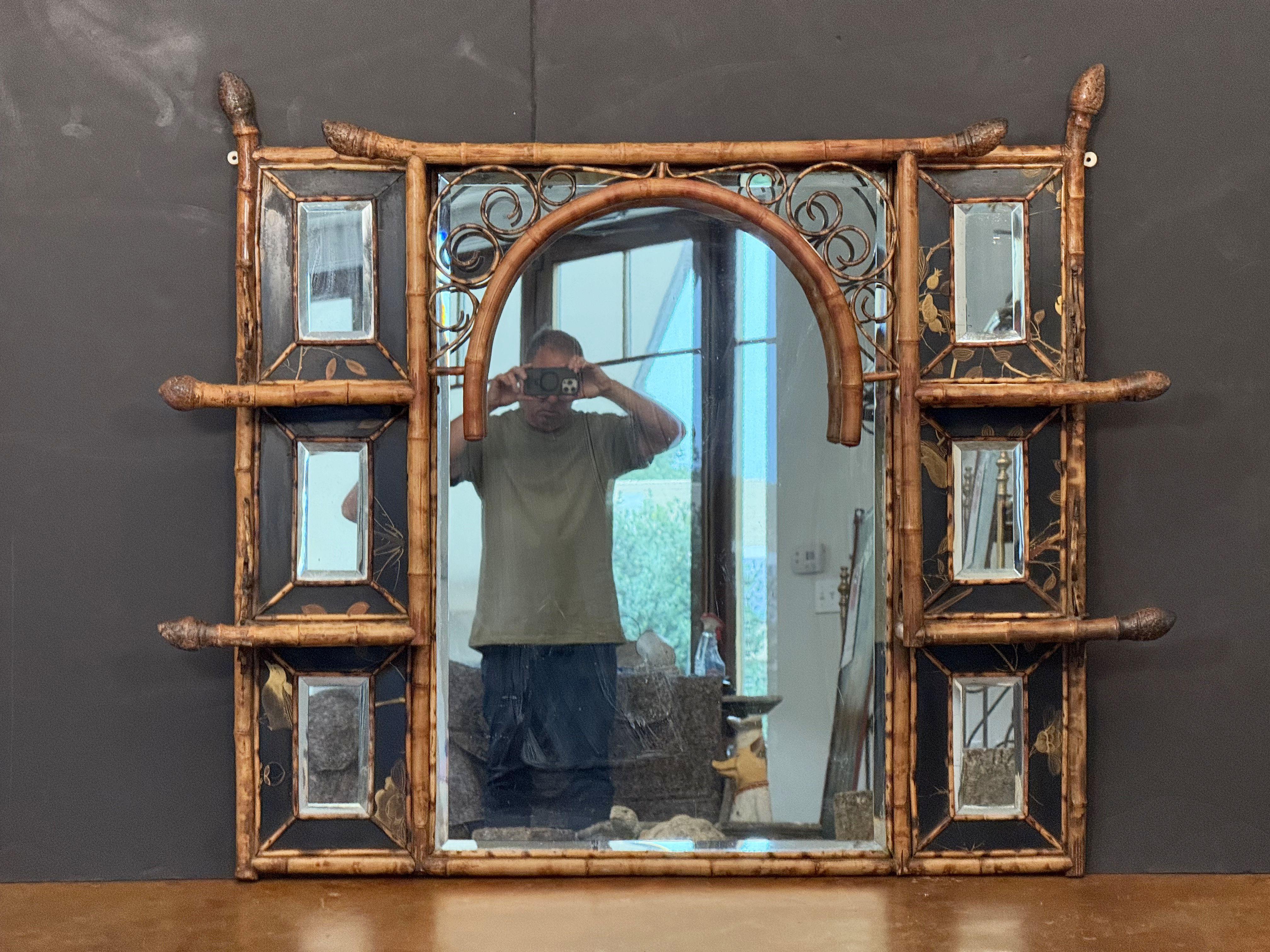 Large English Bamboo Over Mantle or Wall Mirror  (H 42 3/4 x W 51 1/2) For Sale 4
