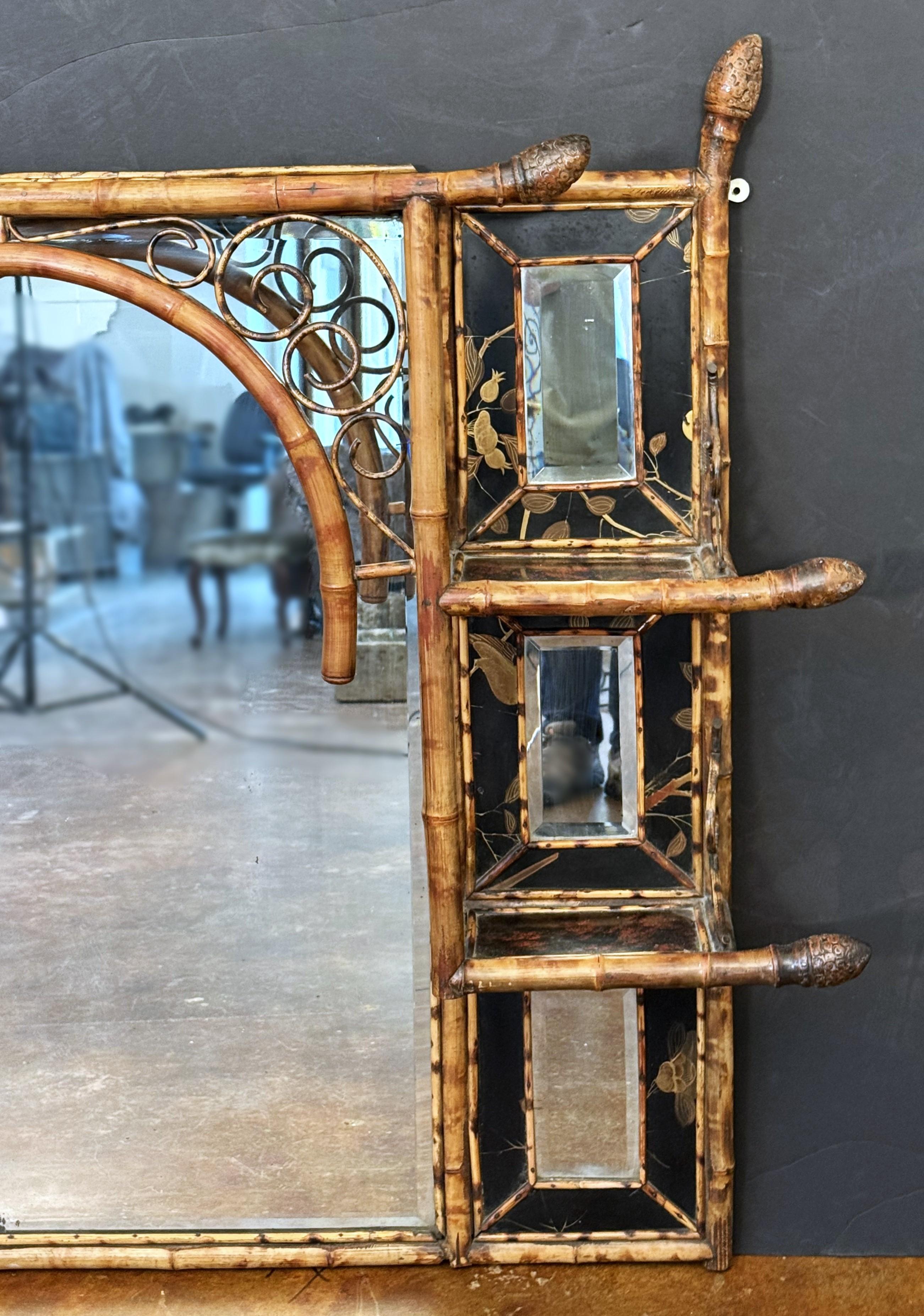 Aesthetic Movement Large English Bamboo Over Mantle or Wall Mirror  (H 42 3/4 x W 51 1/2) For Sale