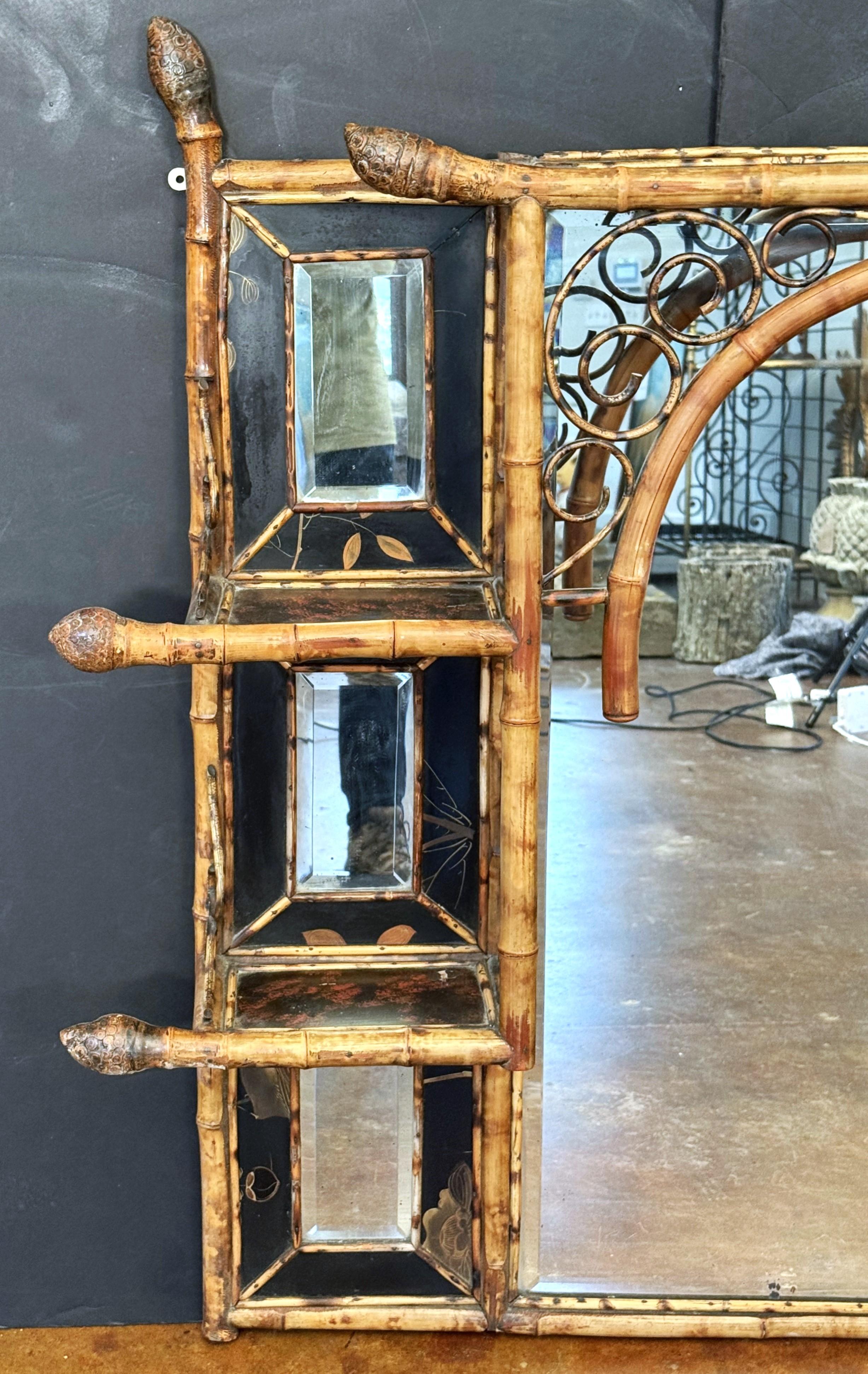 Beveled Large English Bamboo Over Mantle or Wall Mirror  (H 42 3/4 x W 51 1/2) For Sale