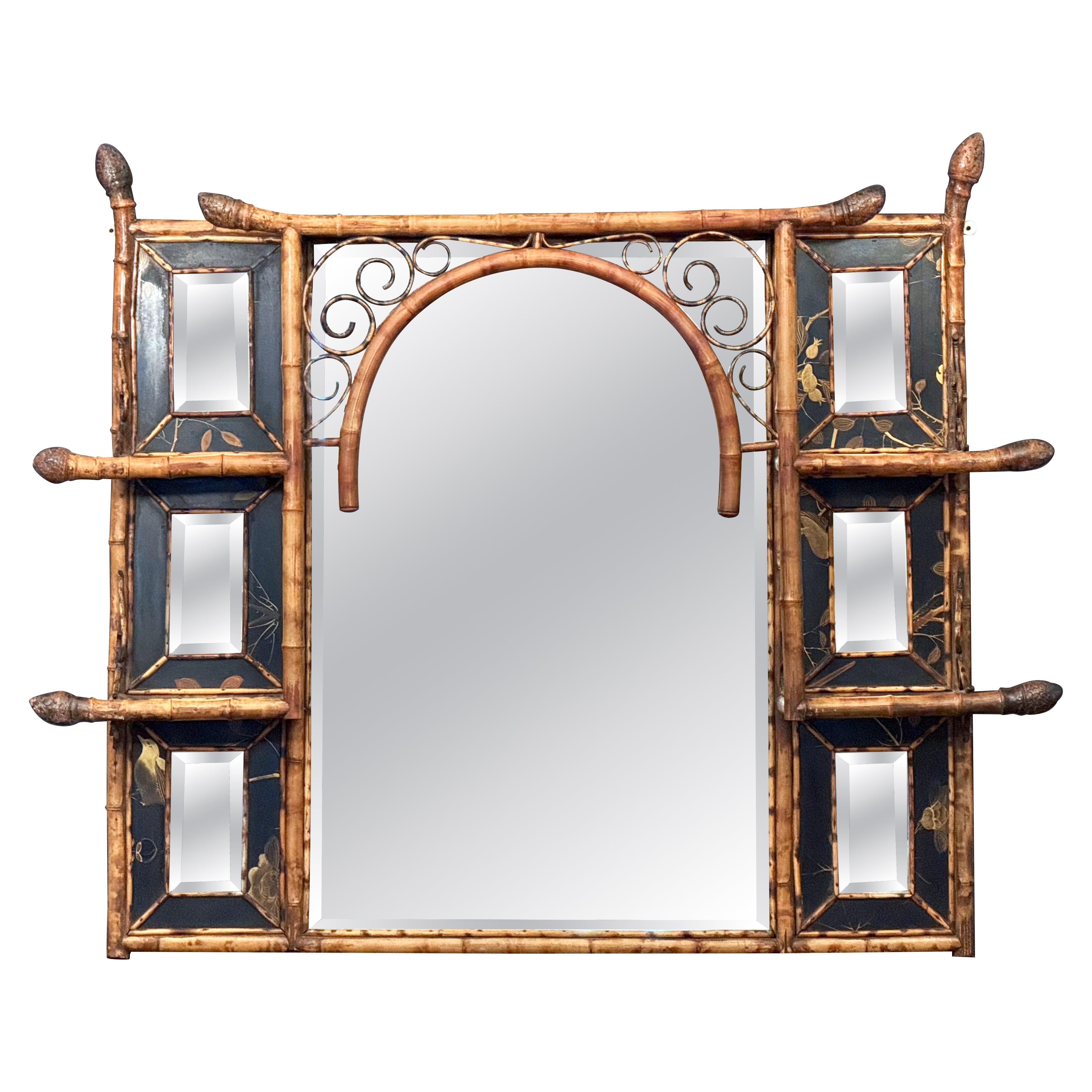 Large English Bamboo Over Mantle or Wall Mirror  (H 42 3/4 x W 51 1/2) For Sale