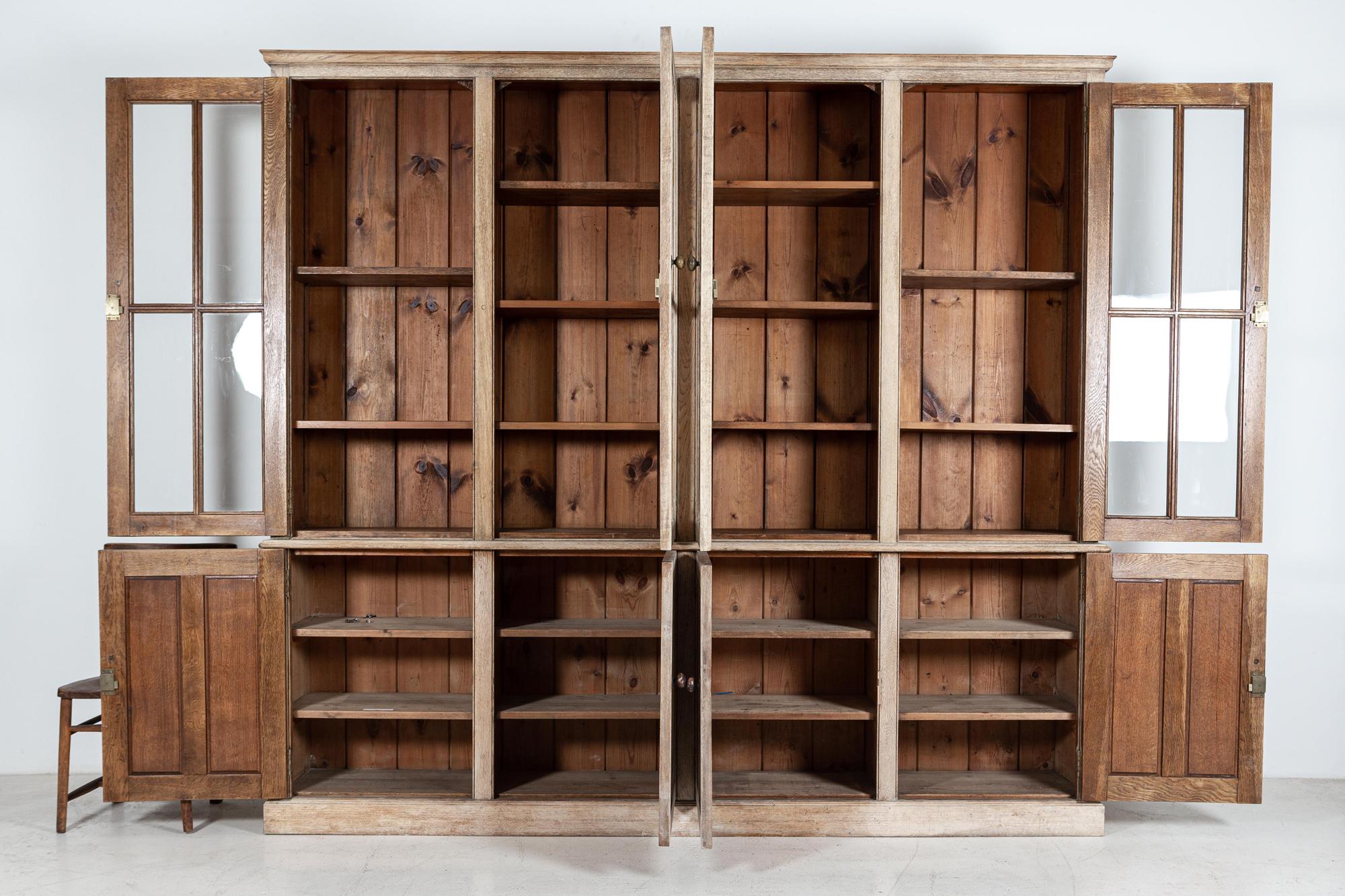 Circa 1910

Large English bleached oak glazed bookcase. Adjustable shelves and original hardware.



Measures: W249 x D40 x H229 cm.