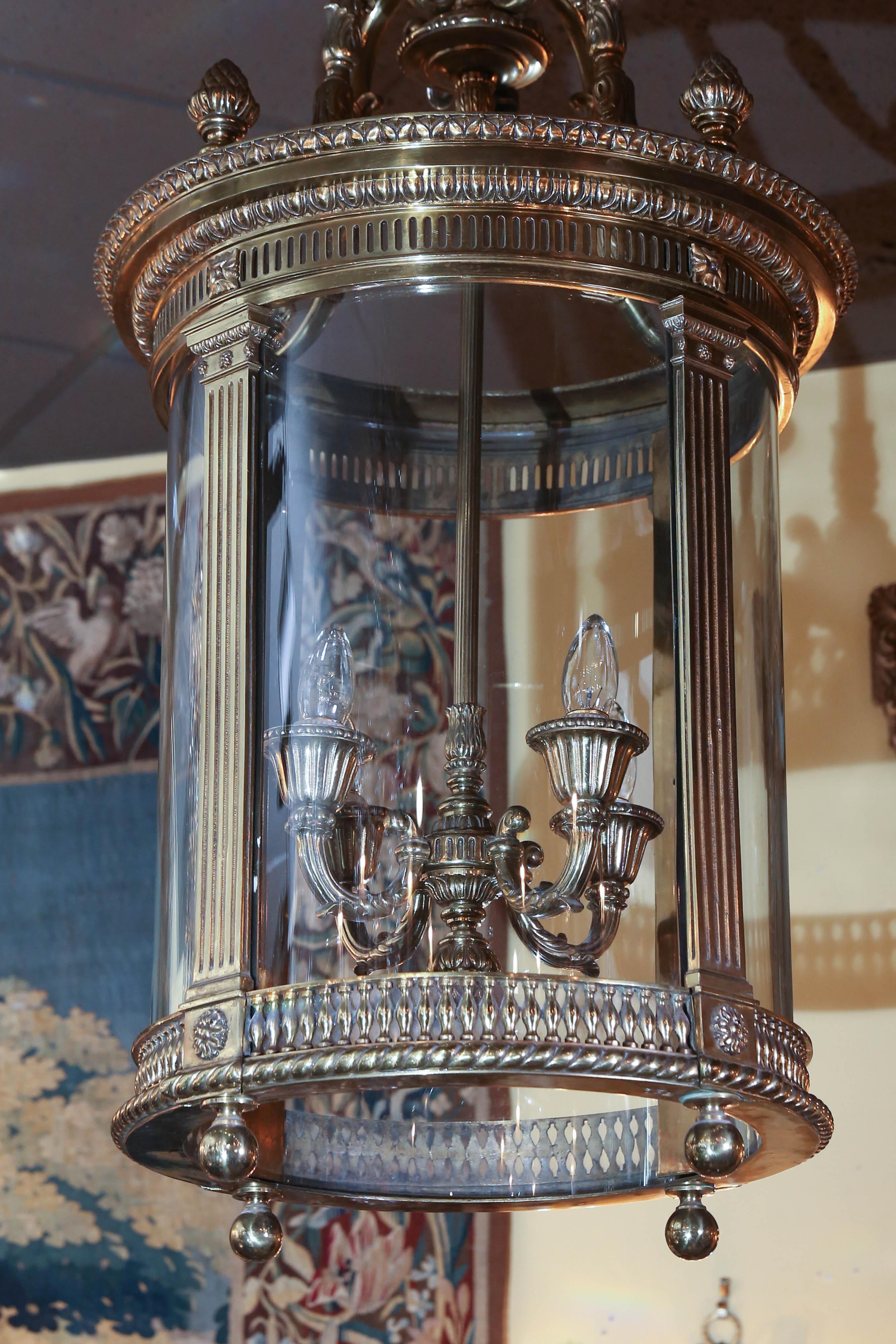 Large English Brass Circular Lantern Chandelier In Excellent Condition In Houston, TX