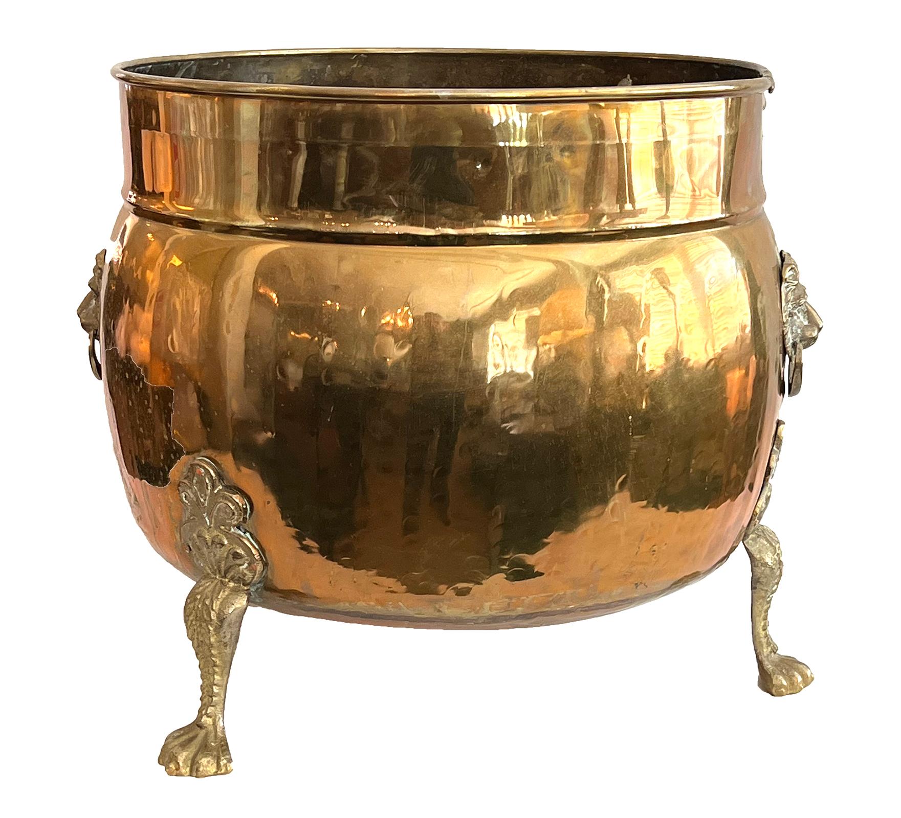 Large English Brass Tripod Coal Bucket with Lion Ring Handles and Paw Feet 1