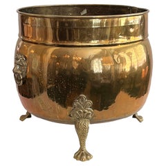 Large English Brass Tripod Coal Bucket with Lion Ring Handles and Paw Feet