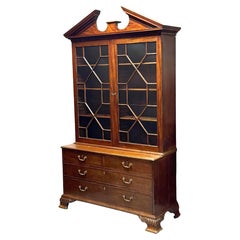 Antique Large English Breakfont Bookcase of Mahogany with Astragal Glass Doors