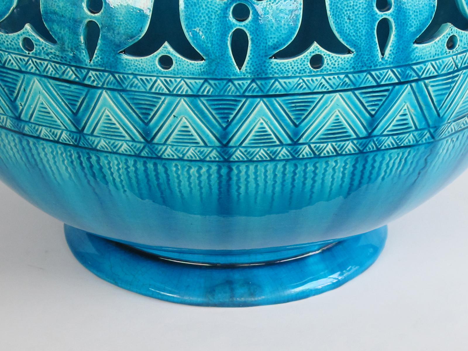 Molded Large English Burmantofts Faience Teal-Glazed Pierce-Work Jardinière/Urn/Pot