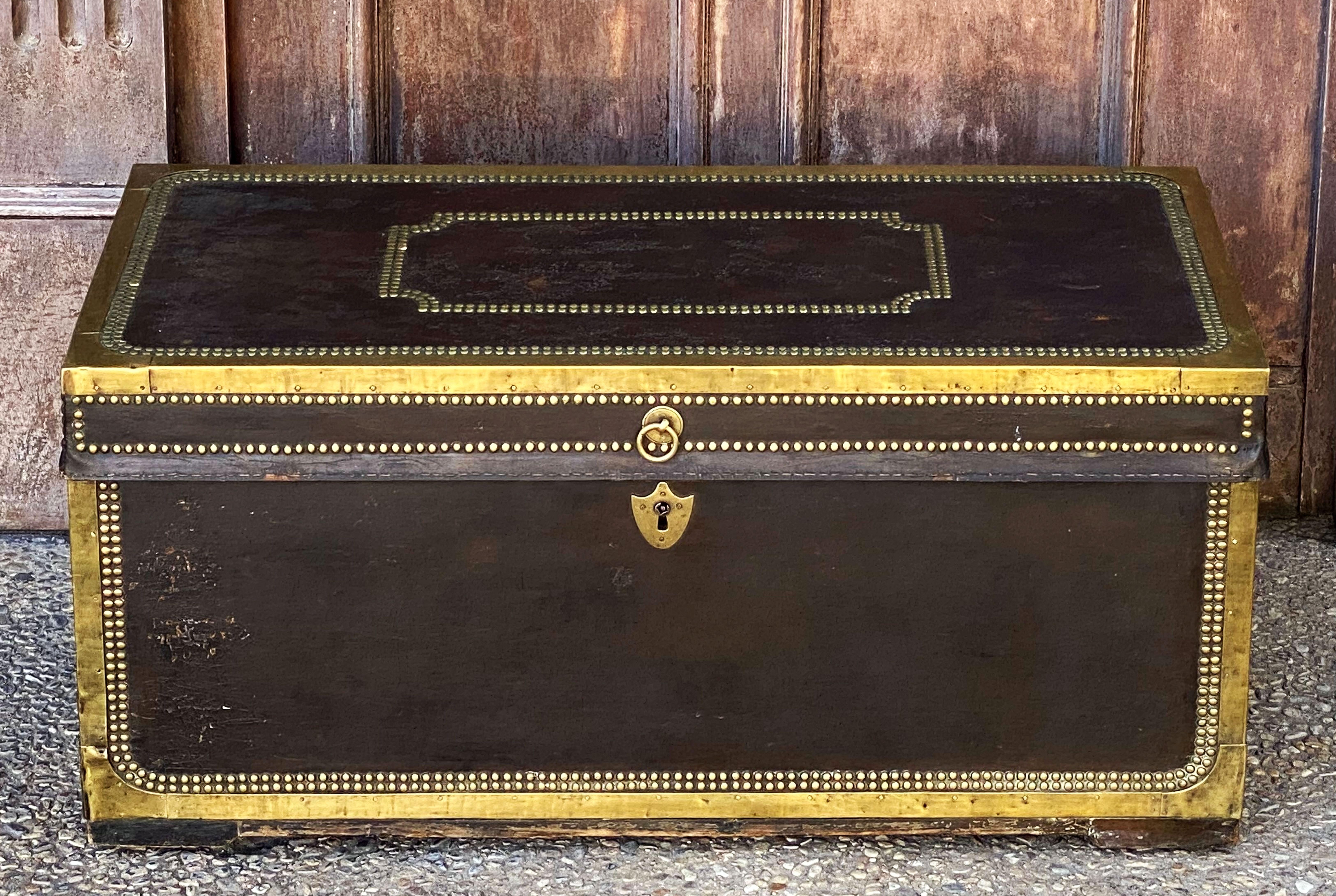 English Campaign Trunk of Brass-Bound Leather and Camphor Wood, Circa 1820 In Good Condition In Austin, TX