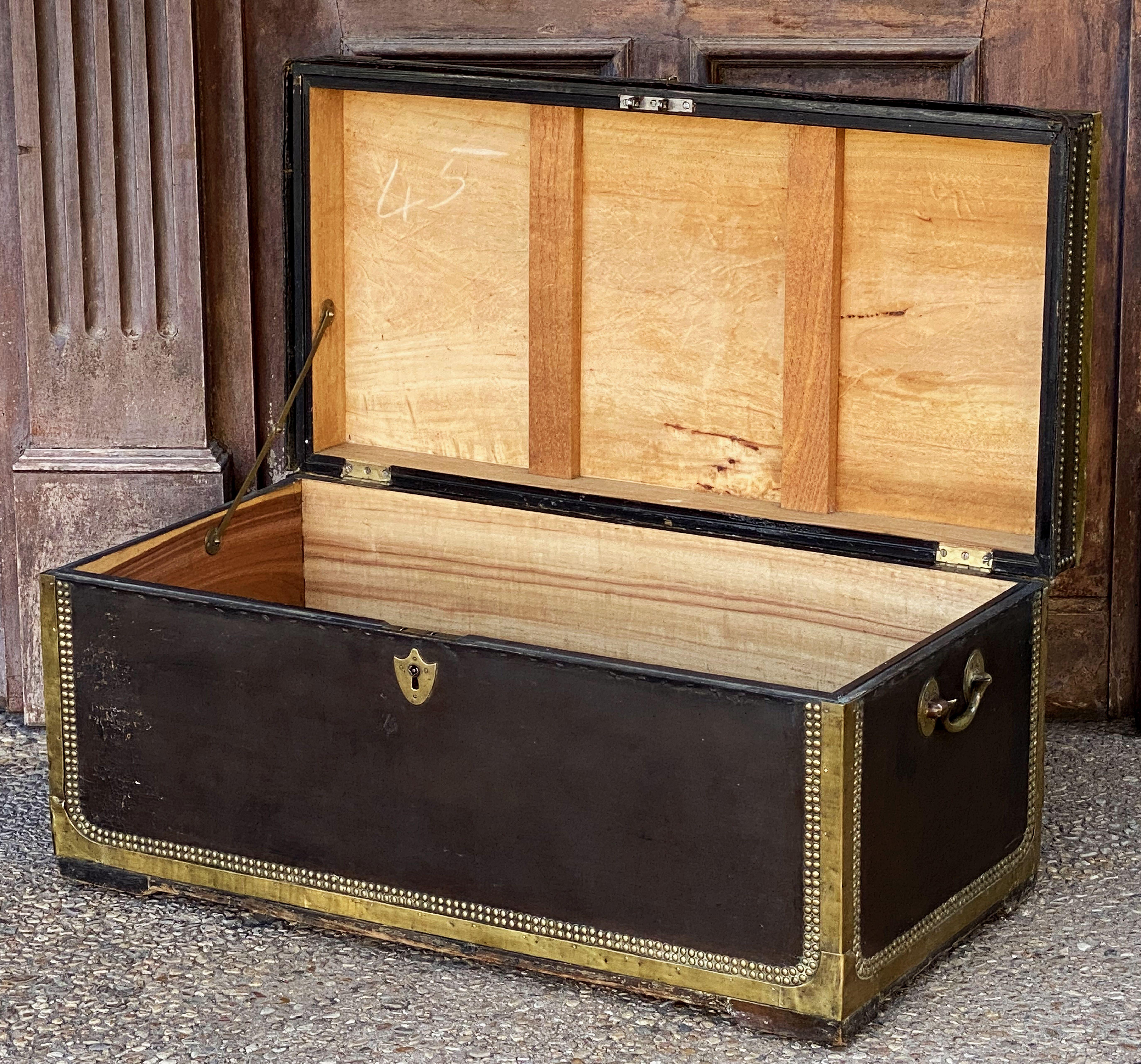 19th Century English Campaign Trunk of Brass-Bound Leather and Camphor Wood, Circa 1820