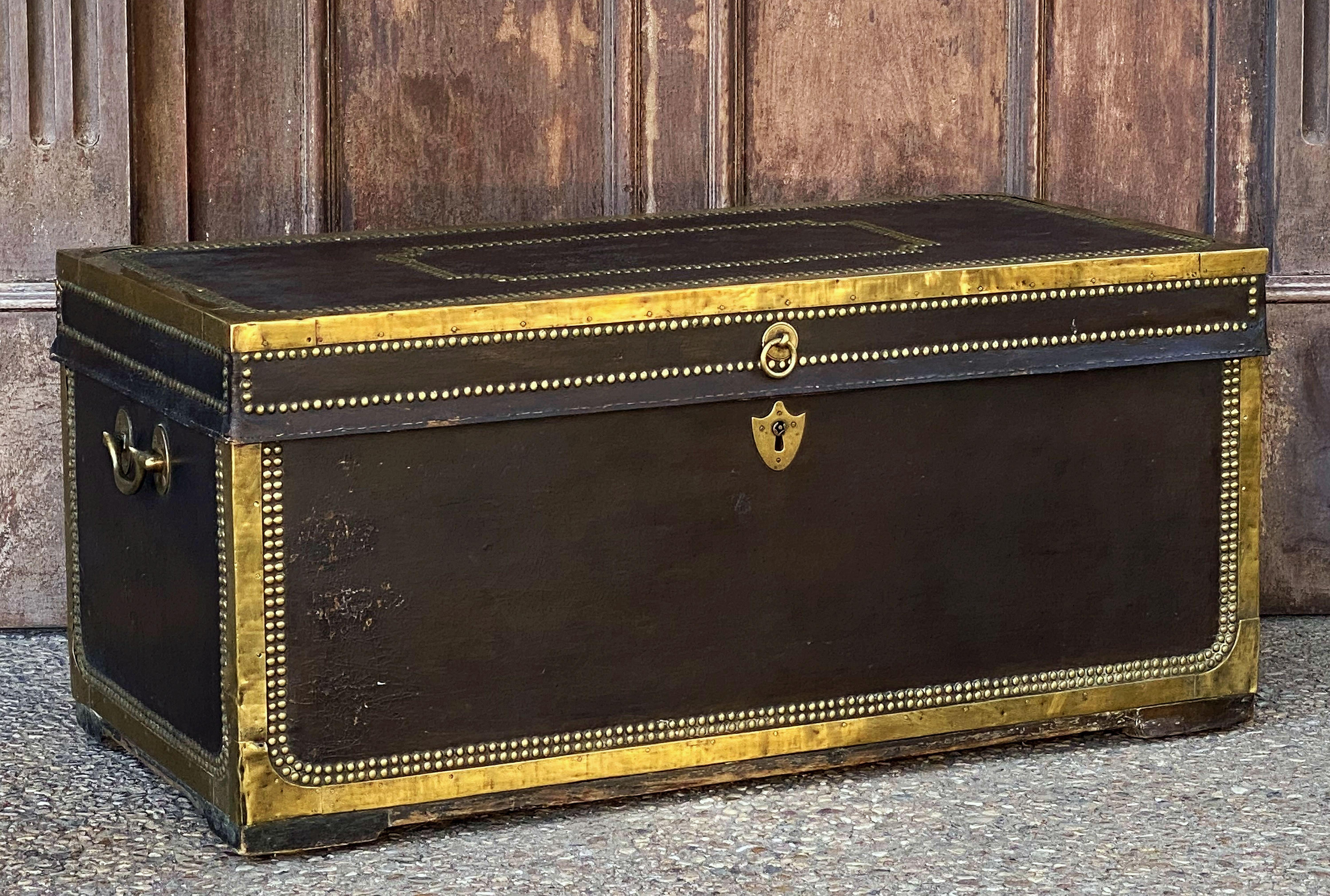 English Campaign Trunk of Brass-Bound Leather and Camphor Wood, Circa 1820 1