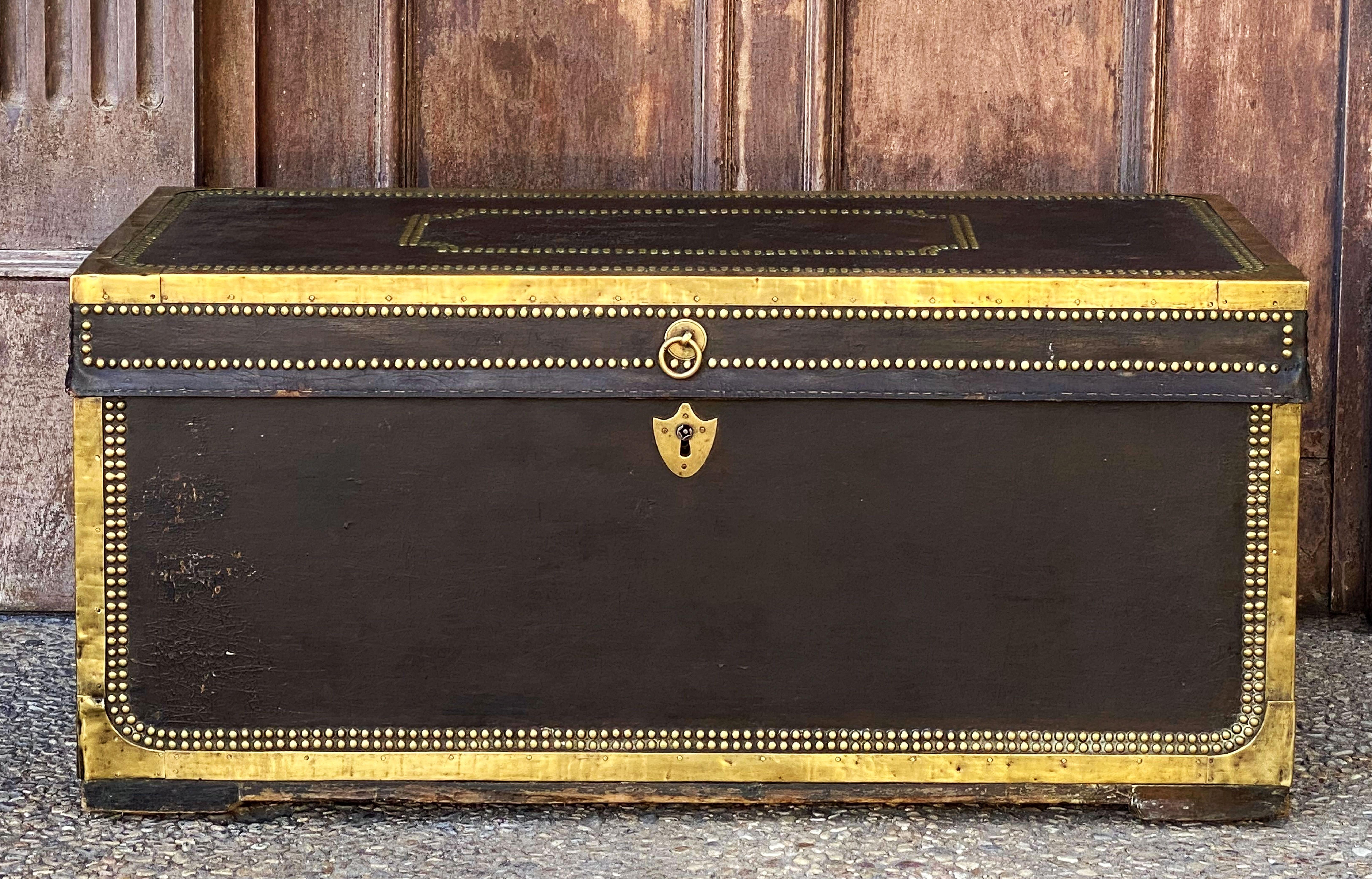 English Campaign Trunk of Brass-Bound Leather and Camphor Wood, Circa 1820 3