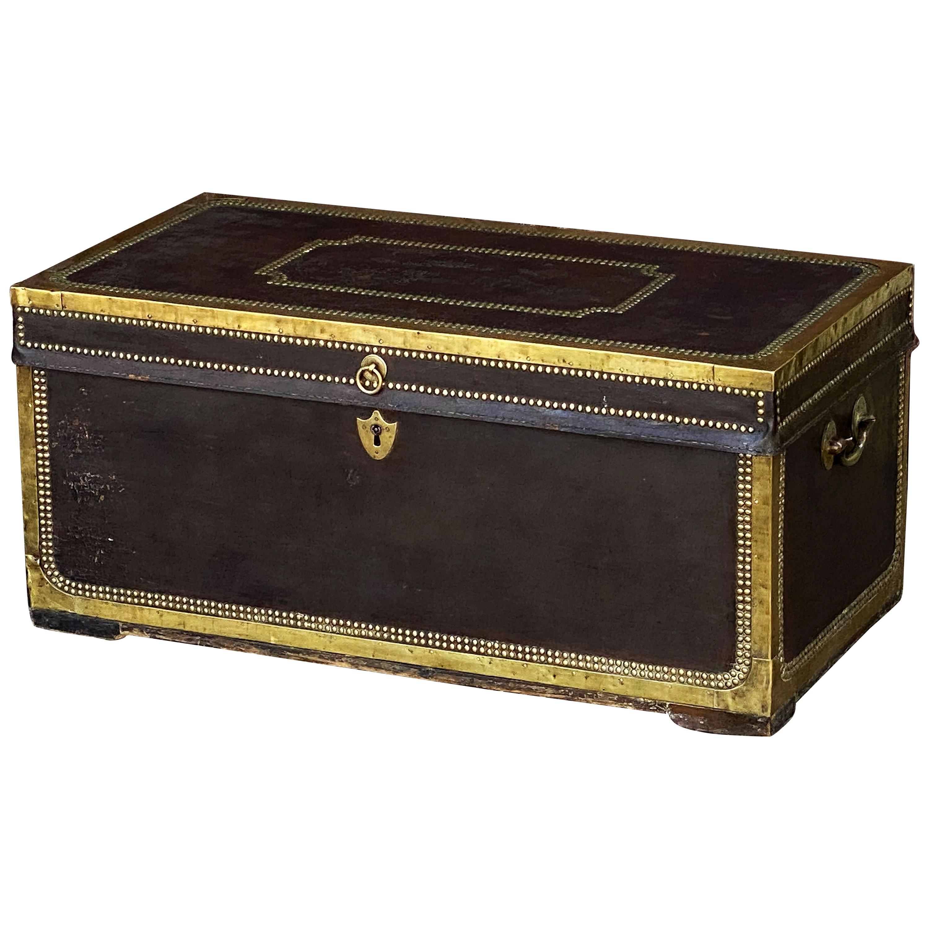English Campaign Trunk of Brass-Bound Leather and Camphor Wood, Circa 1820