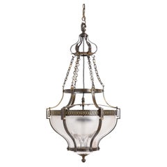 Antique Large English Cast Brass and Etched Crystal Pendant Light by Faraday & Son