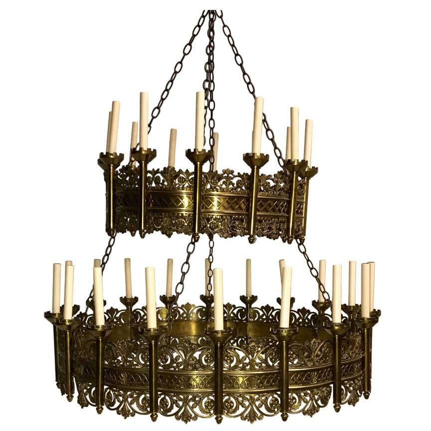 Large English Bronze Double-Tiered Chandelier For Sale