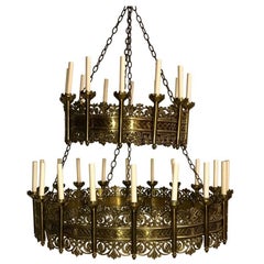 Vintage Large English Bronze Double-Tiered Chandelier