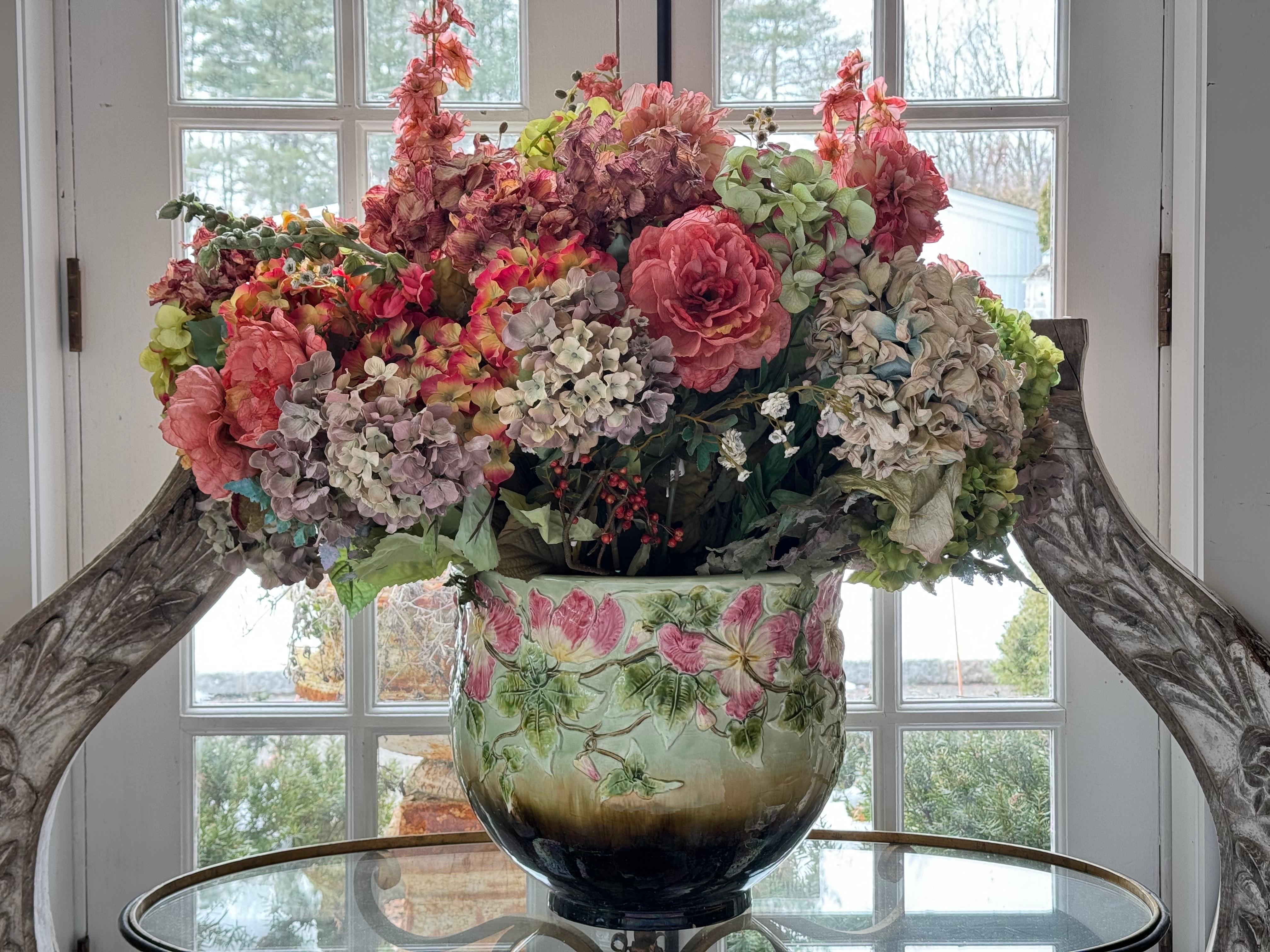Large English Ceramic Jardiniere with Silk Flowers. Beautiful and colorful bouquet to brighten any room. The jardiniere is stamped on the bottom. Will post better photos soon. Cermic planter height is 13