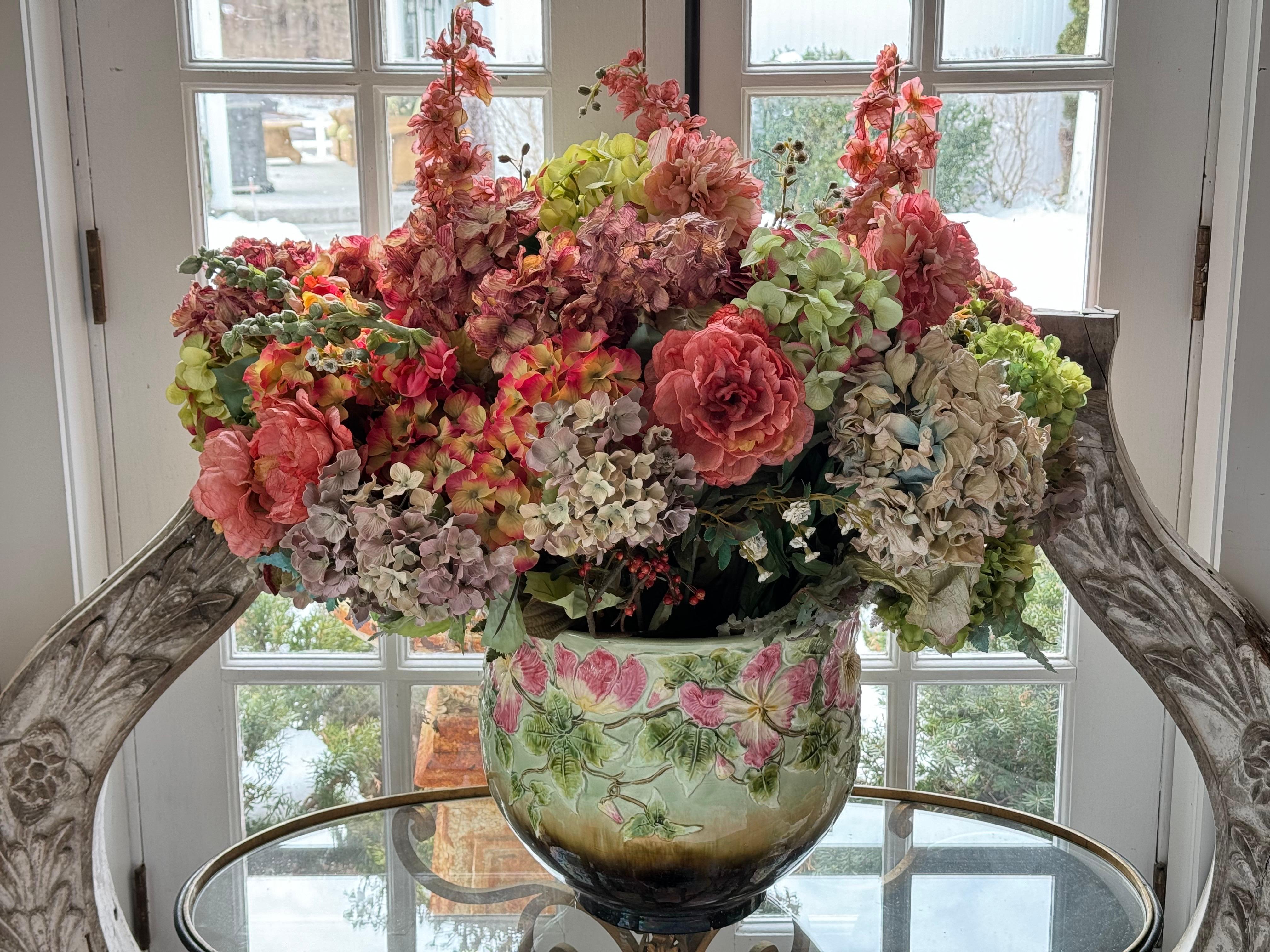 Large English Ceramic Jardiniere with Silk Flowers In Good Condition For Sale In Redding, CT