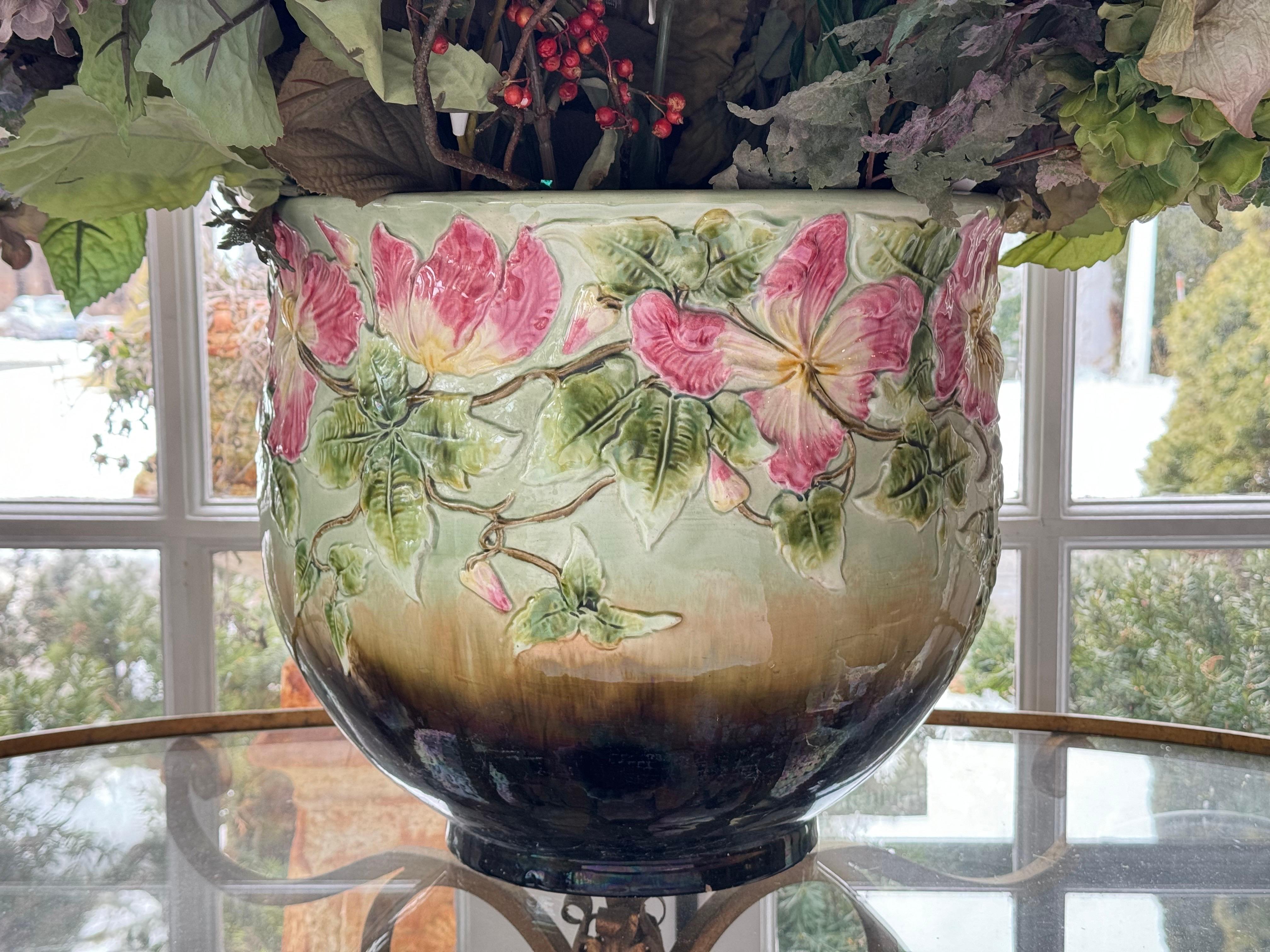 Large English Ceramic Jardiniere with Silk Flowers For Sale 1