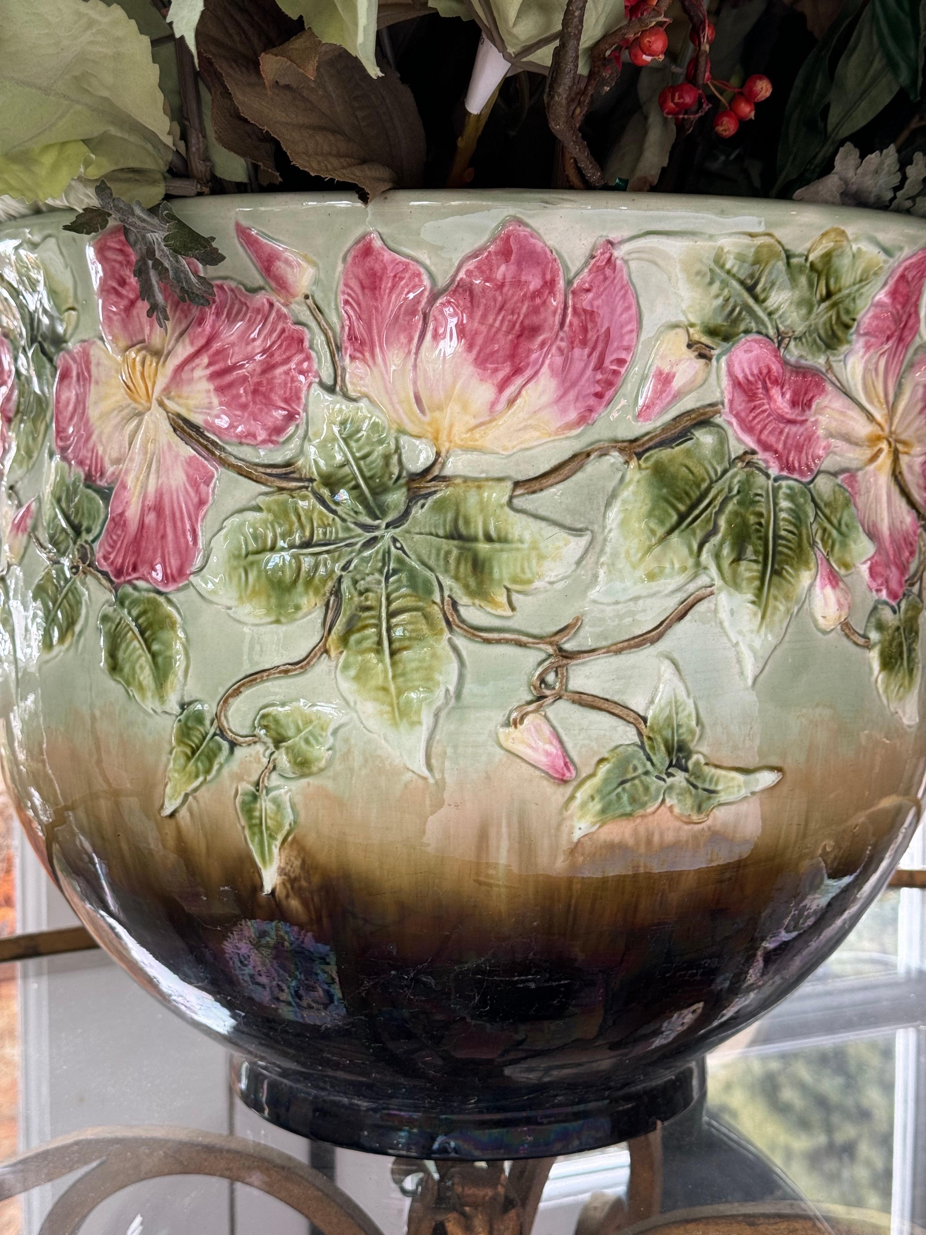 Large English Ceramic Jardiniere with Silk Flowers For Sale 2