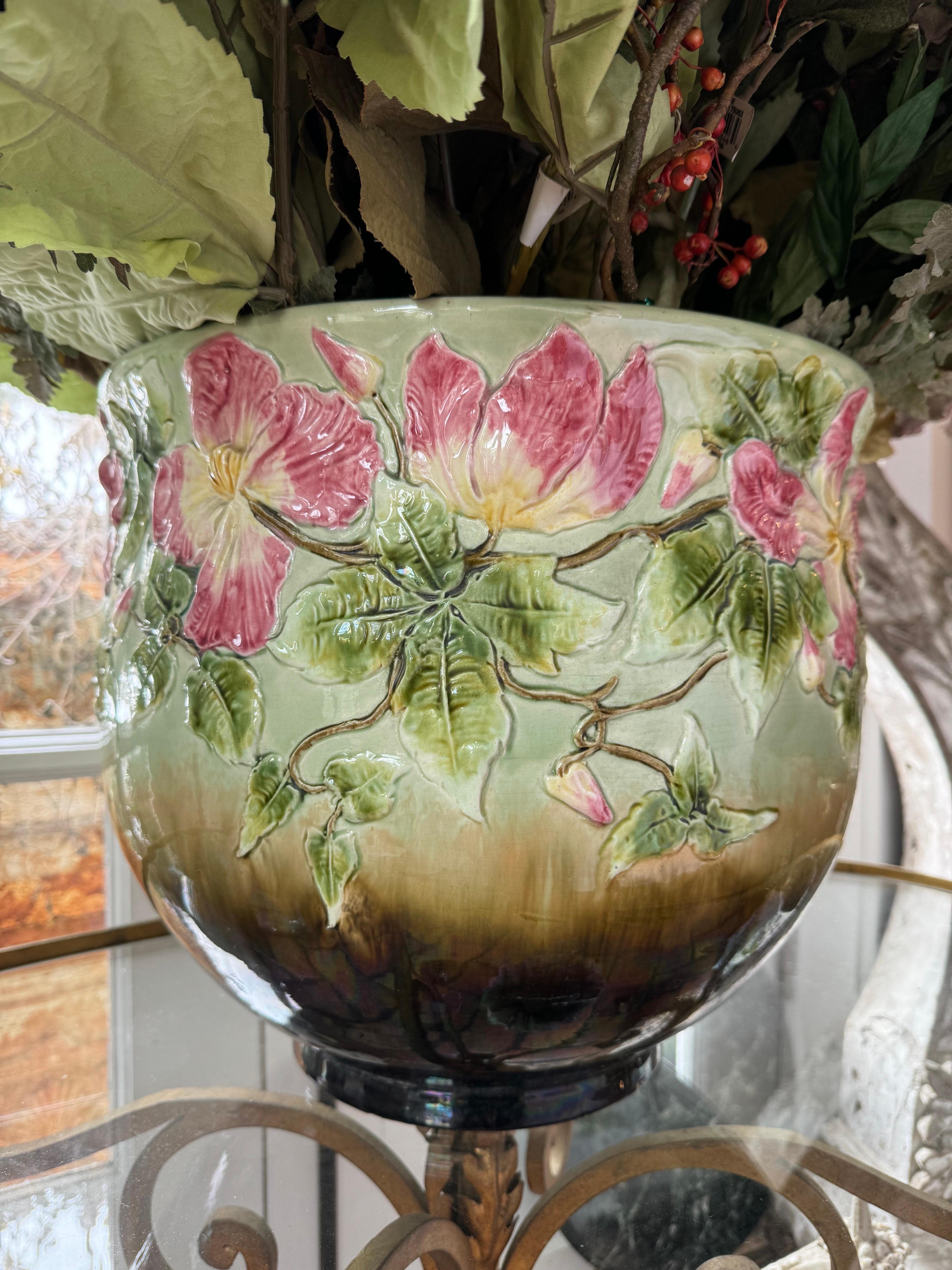 Large English Ceramic Jardiniere with Silk Flowers For Sale 3
