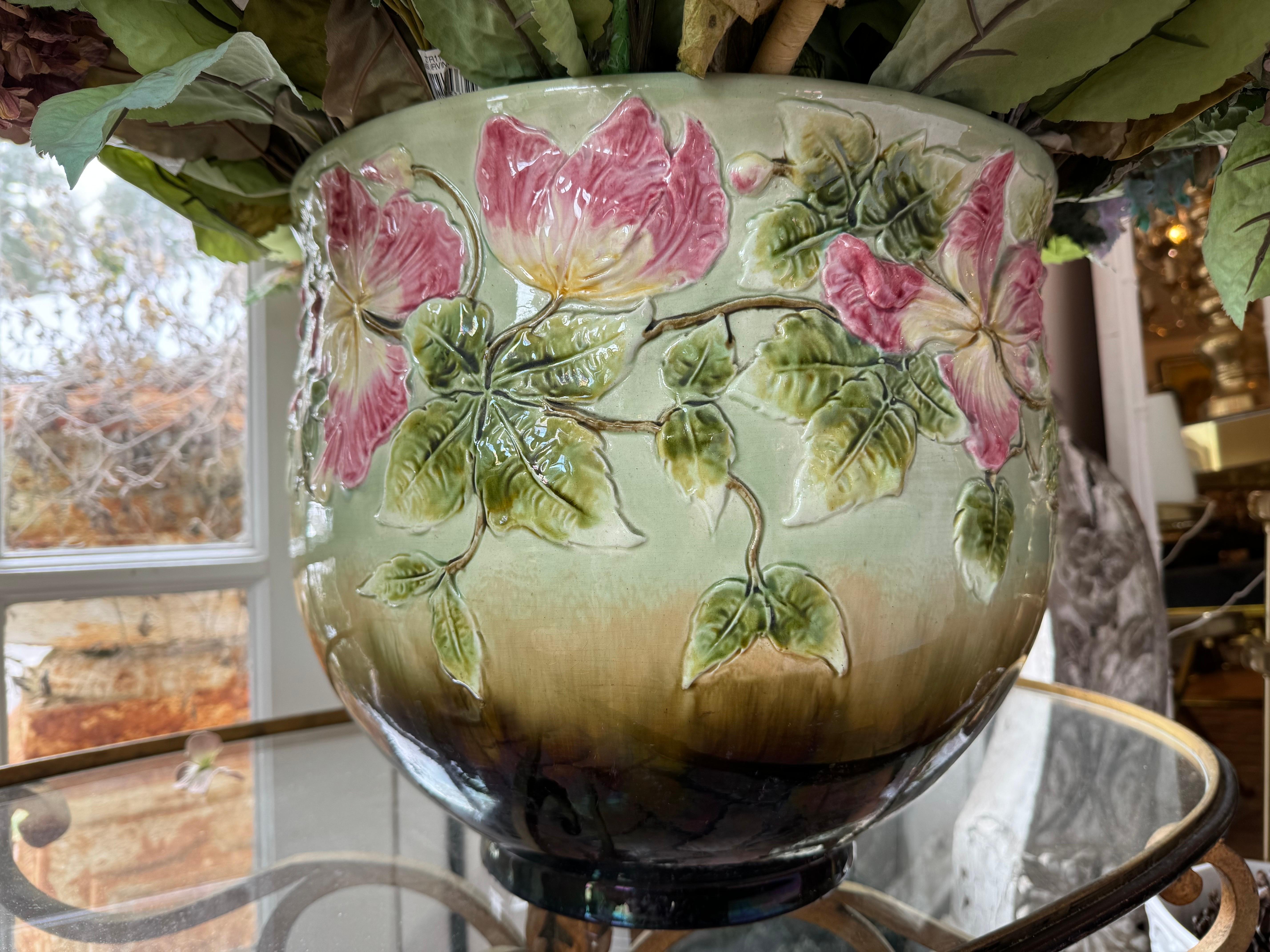 Large English Ceramic Jardiniere with Silk Flowers For Sale 4