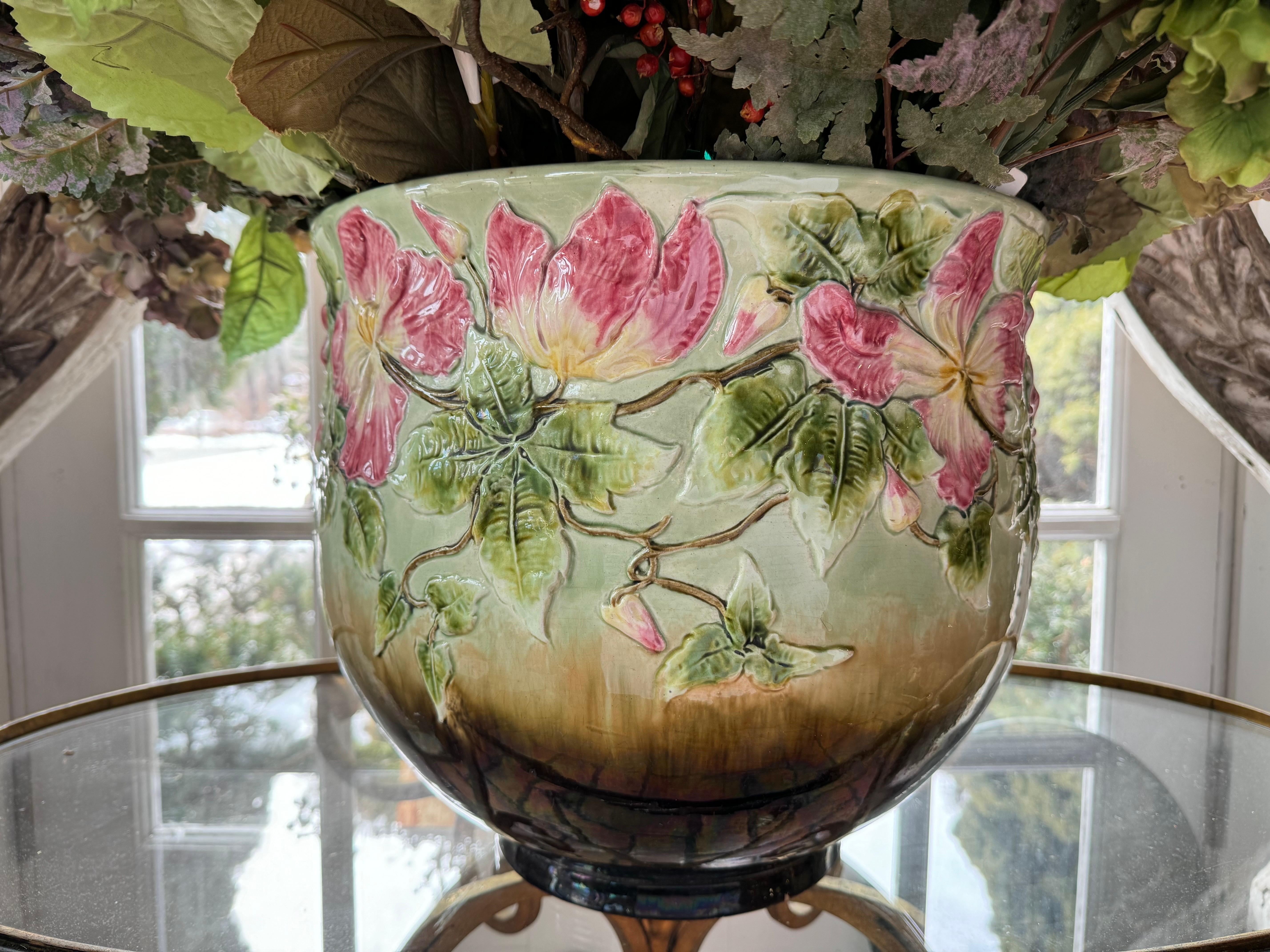 Large English Ceramic Jardiniere with Silk Flowers For Sale 5