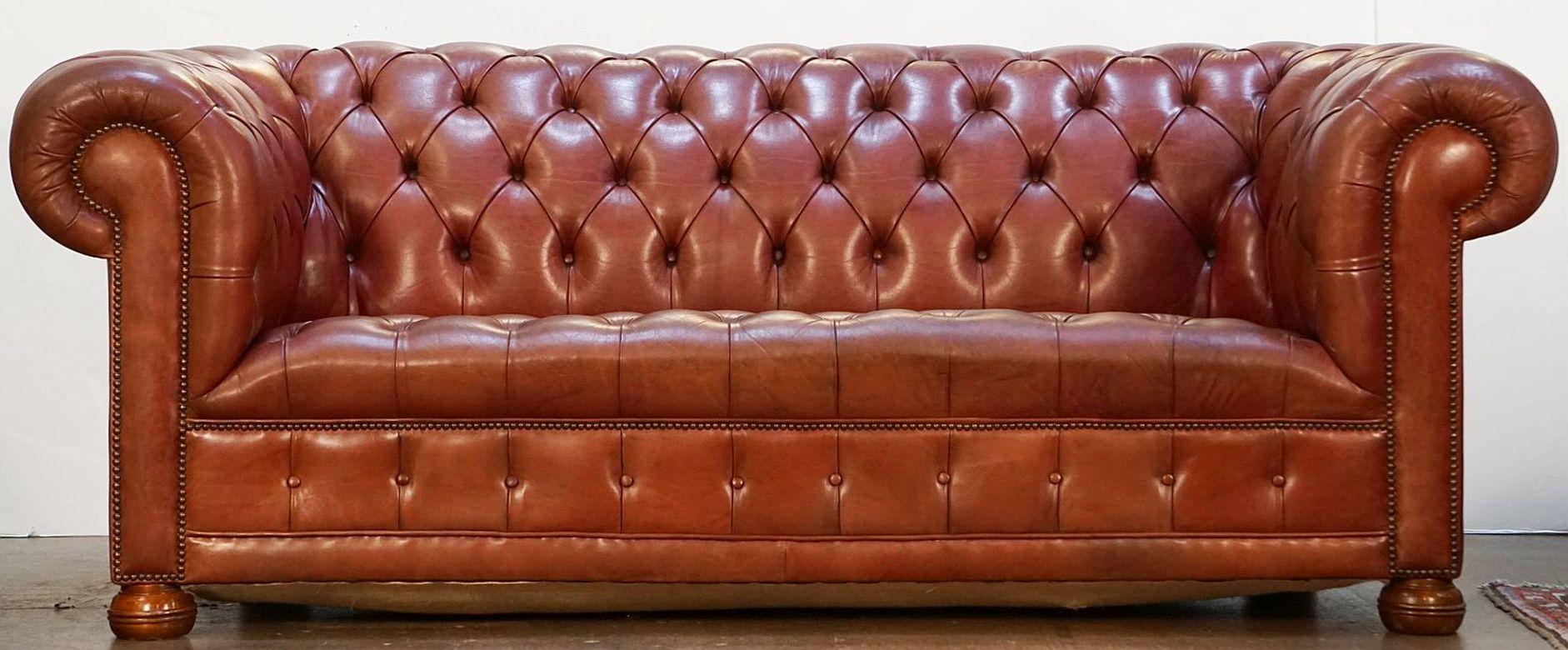 Turned  Large English Chesterfield Sofa of Tufted Leather