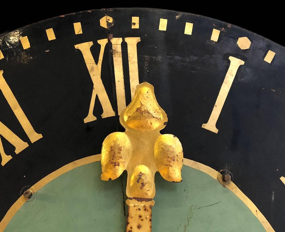 Large English clock face, circa 1900. This painted steel clock face likely adorned either a municipal or landmark building. It has a working mechanism, and uniquely the hands are complete and the paint is all original.
Measure: 69