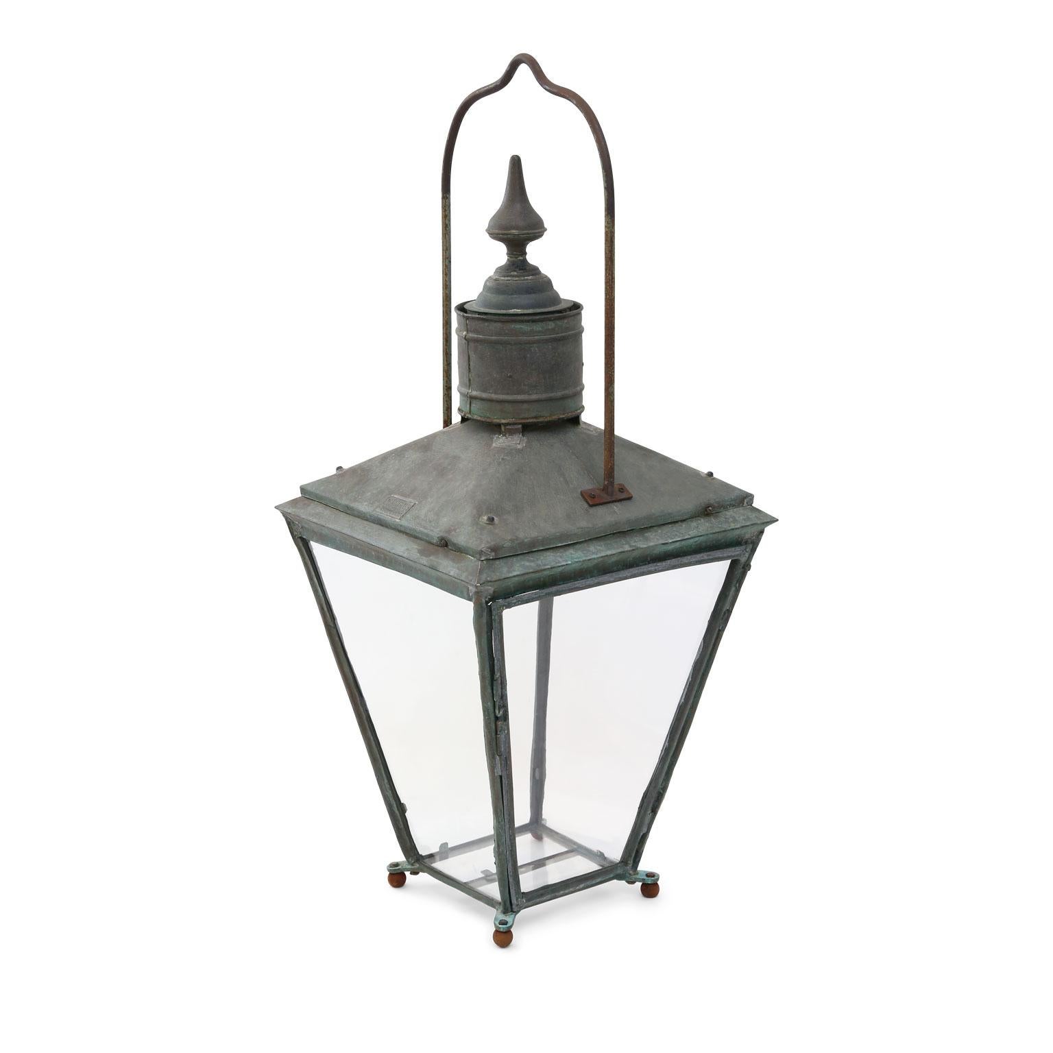 Large English verdigris patina copper lantern (circa 1875-1900) marked 