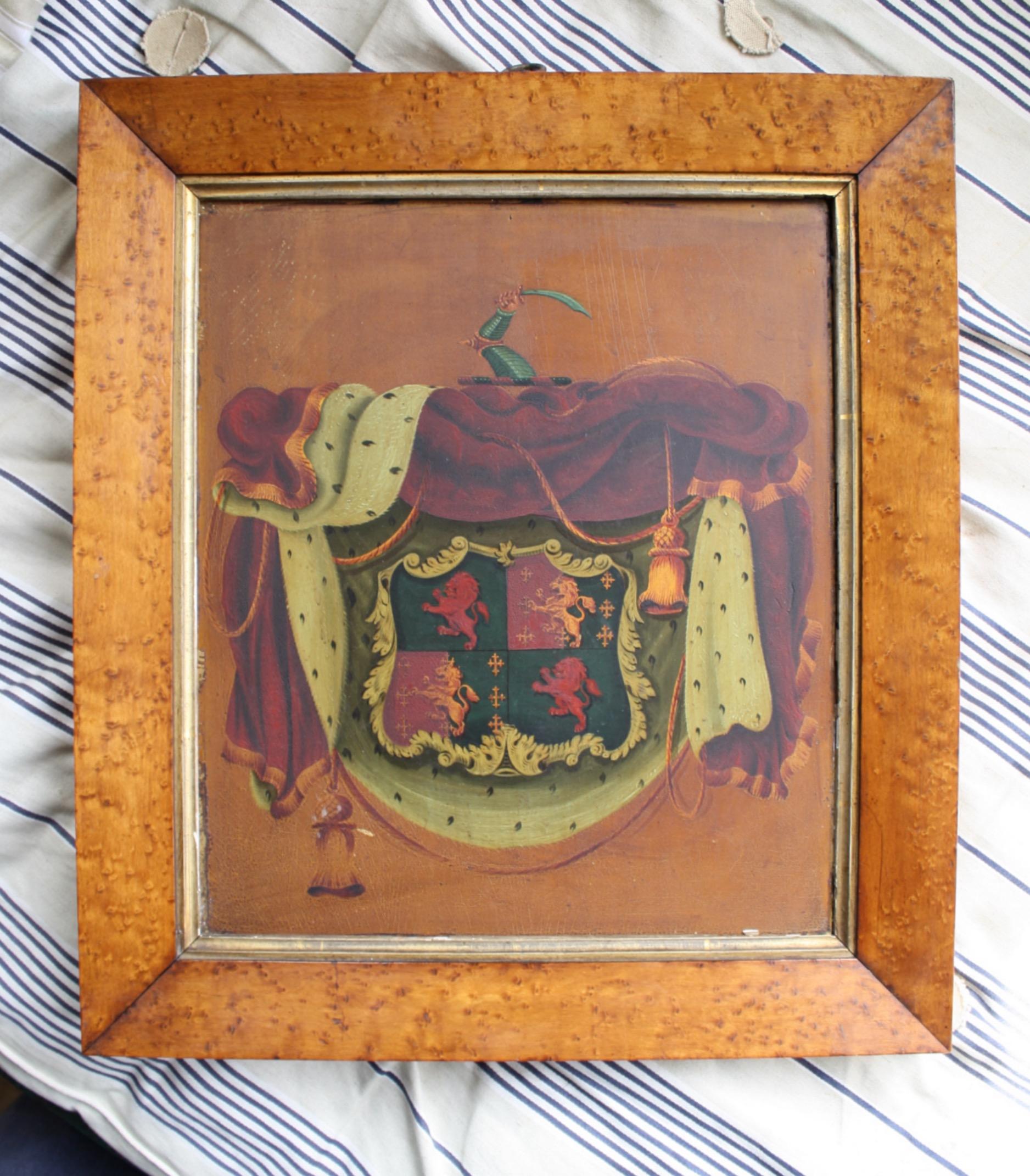 Bois de feuillus Grande huile sur panneau à armoiries du 19e siècle, Coach House, Angleterre, 19e siècle en vente