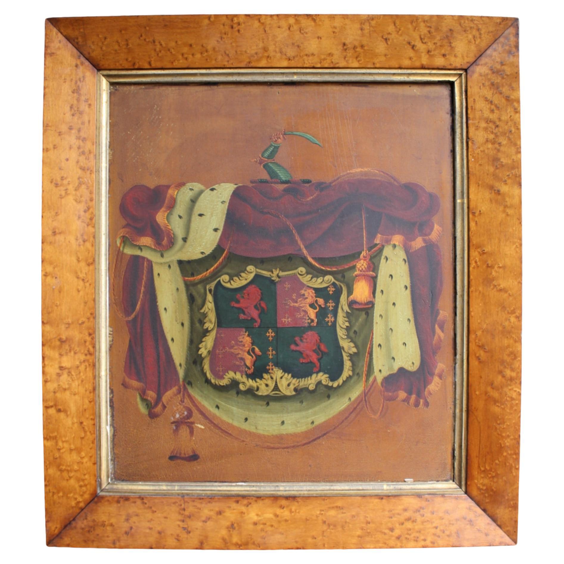 Large English Country House 19thC Oil on Board Armorial Coat of Arms Coach Panel For Sale