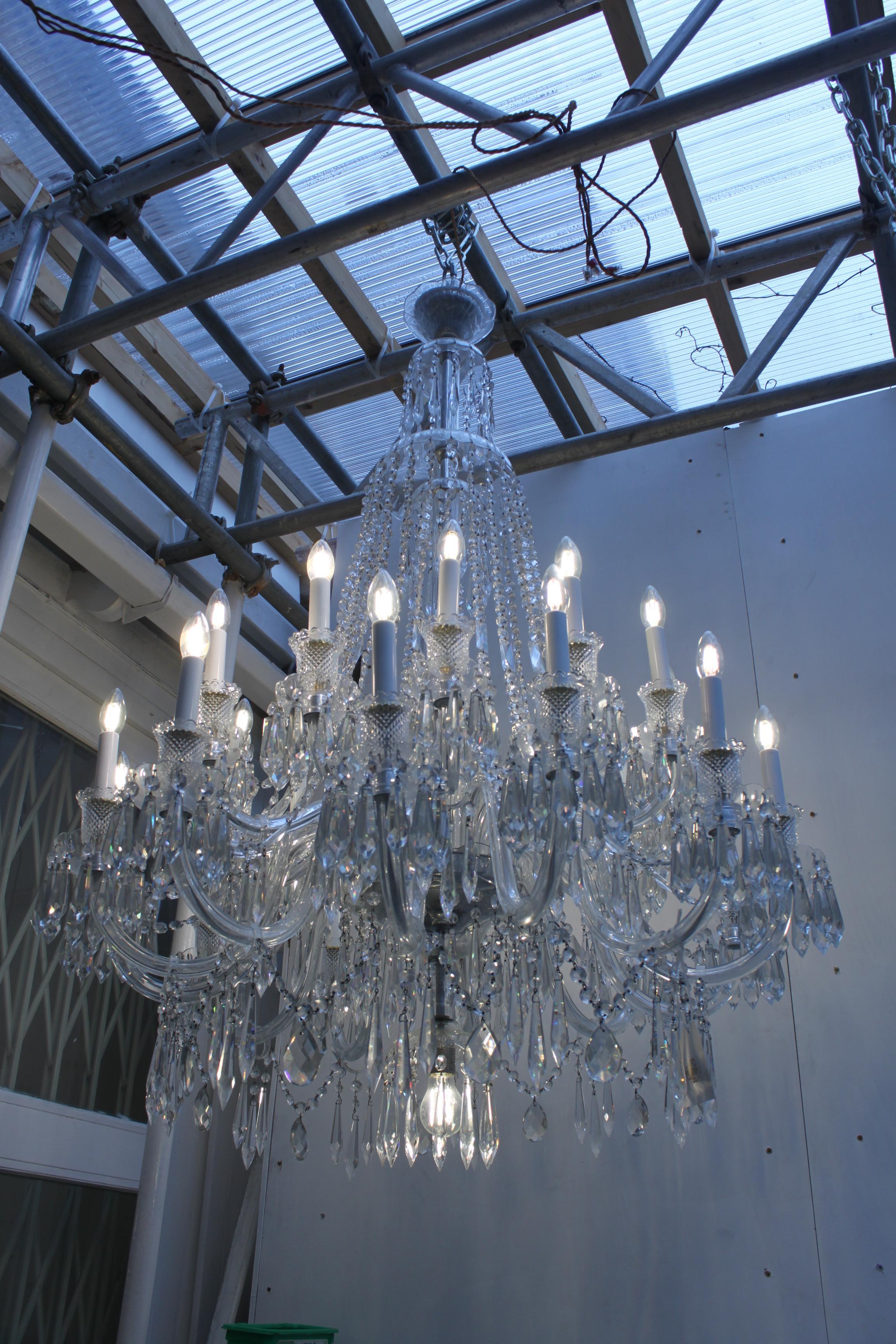 Large English crystal chandeliers with crystal storm shades In Good Condition For Sale In London, GB