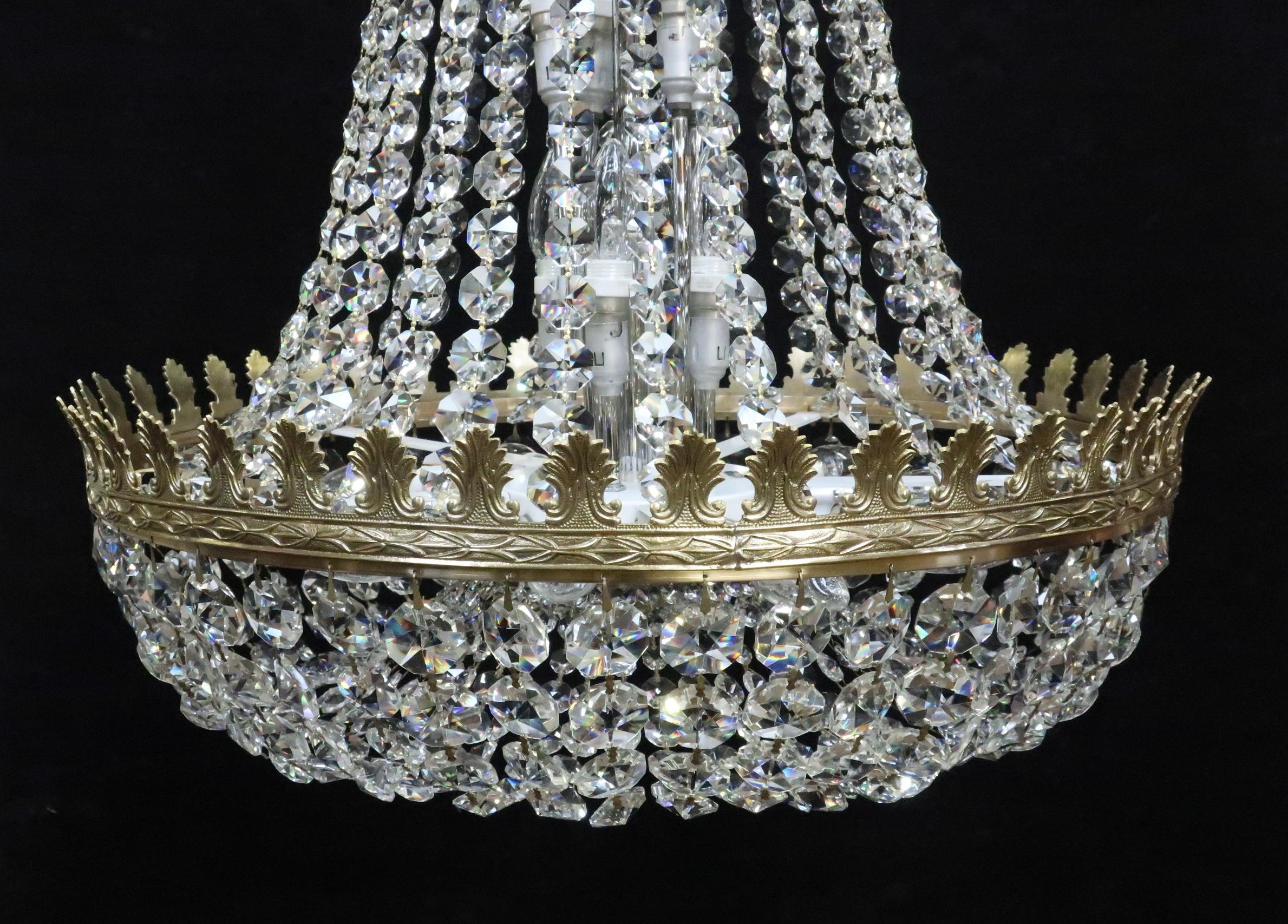 British Large English Crystal Glass Empire Style Basket Chandelier For Sale
