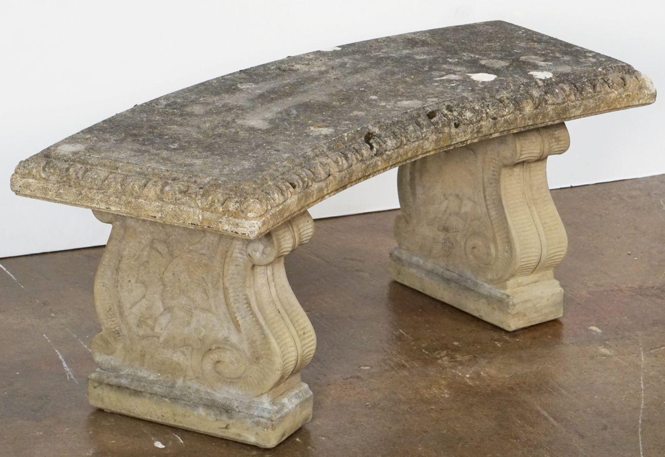 Large English Curved Garden Stone Bench or Seat with Scroll Base Supports 5