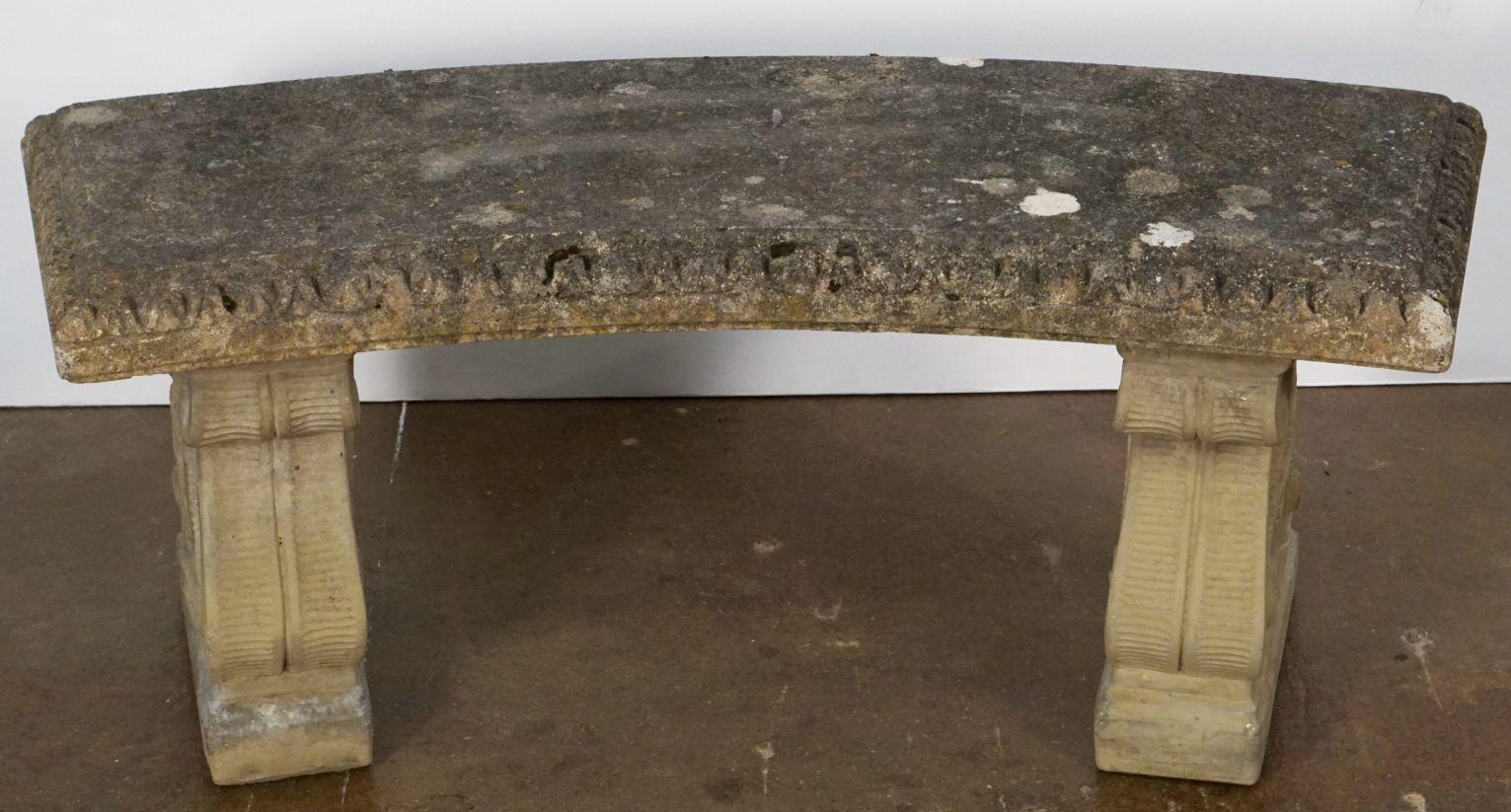 Large English Curved Garden Stone Bench or Seat with Scroll Base Supports In Good Condition In Austin, TX