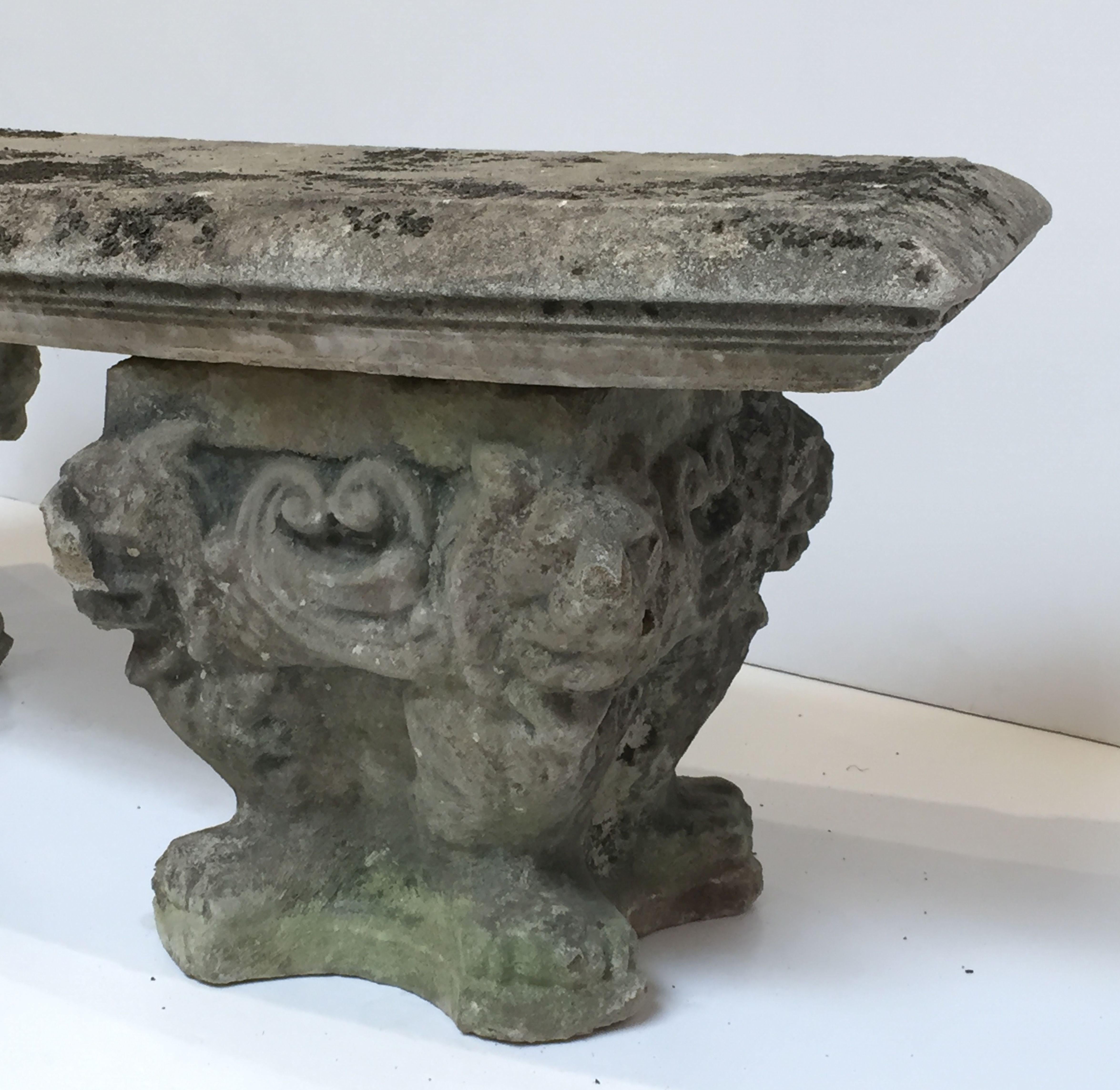Large English Curved Garden Stone Bench or Seat with Lion and Scroll Base 3
