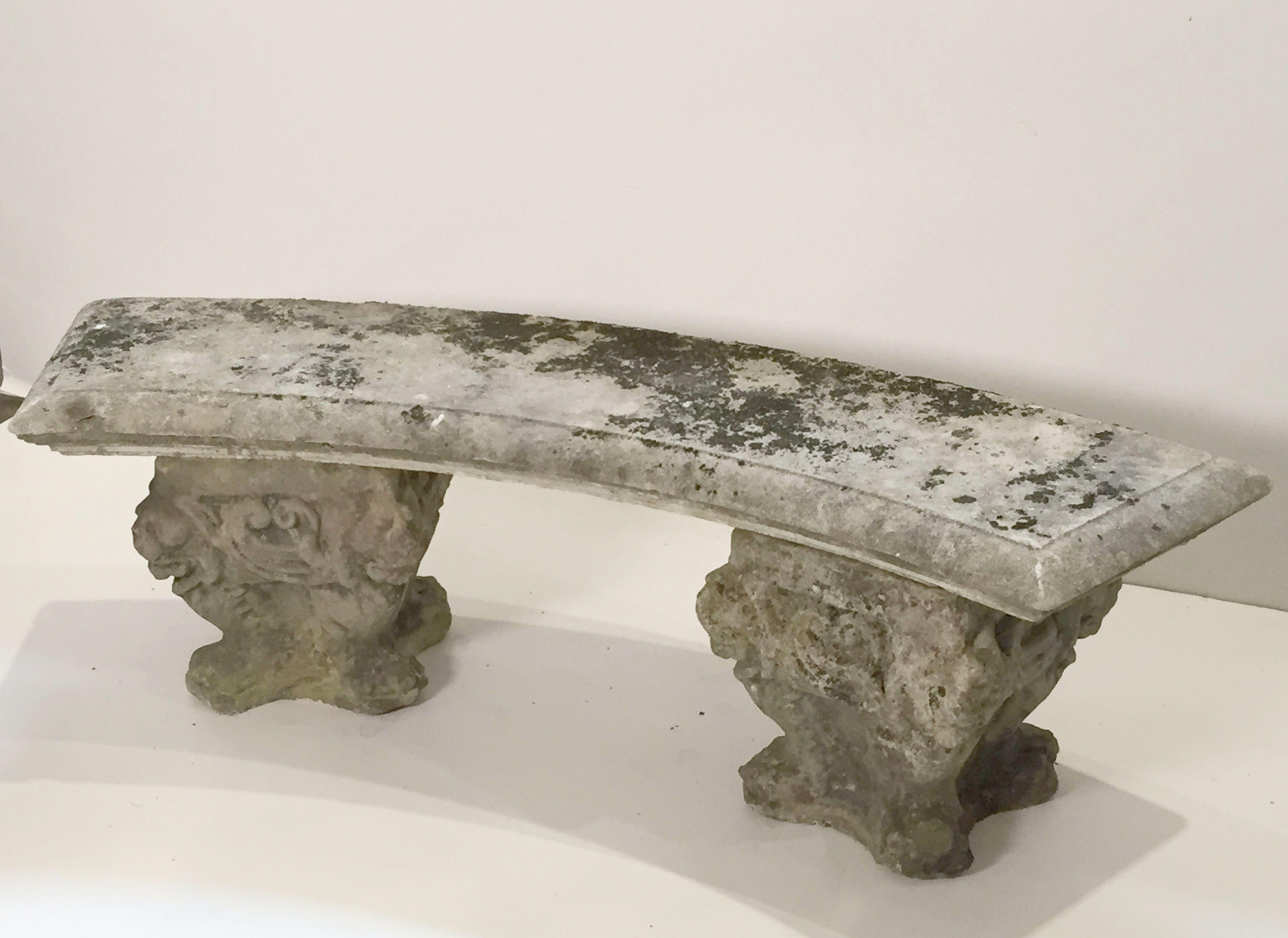 Large English Curved Garden Stone Bench or Seat with Lion and Scroll Base In Good Condition In Austin, TX