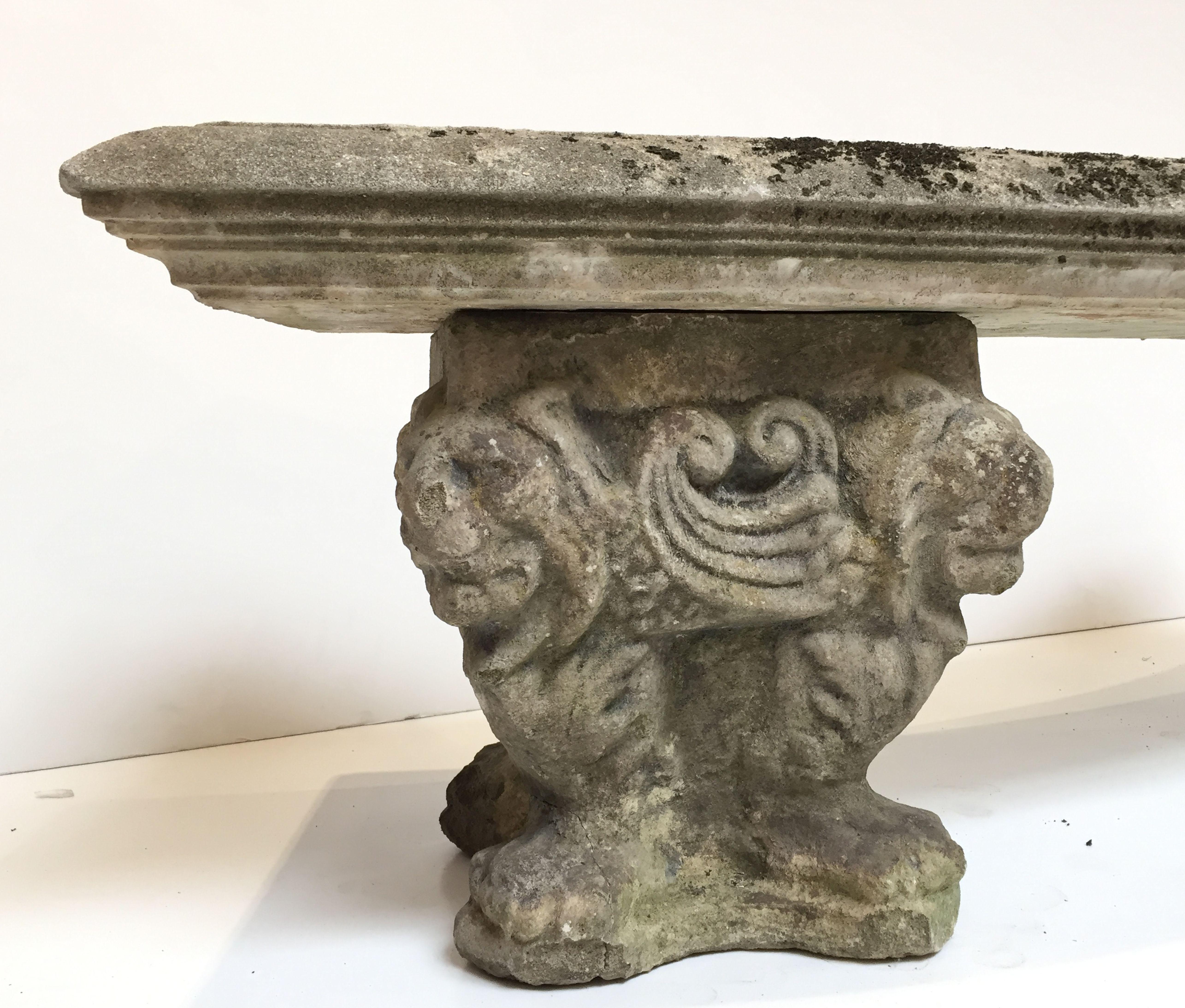 Cast Stone Large English Curved Garden Stone Bench or Seat with Lion and Scroll Base