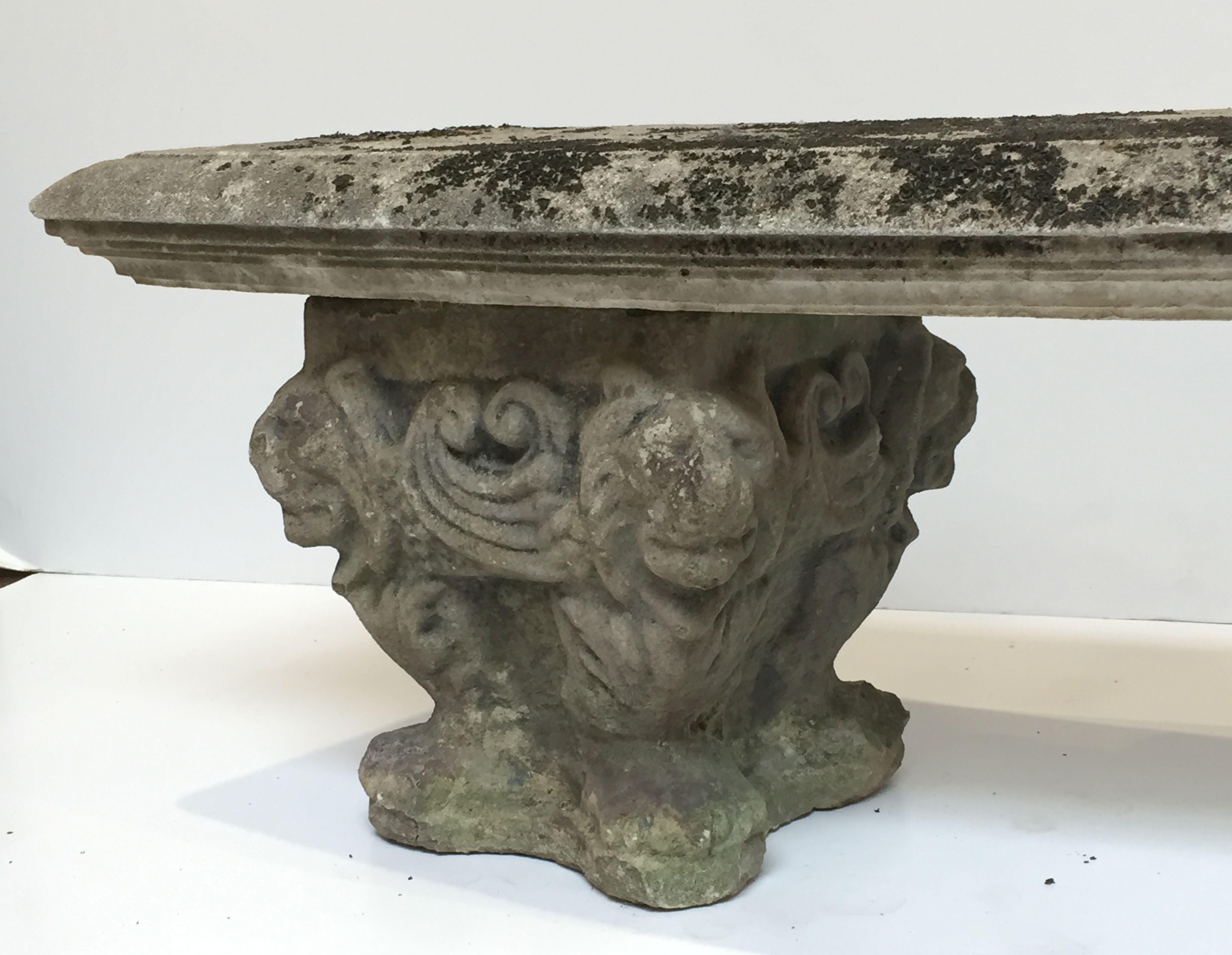 Large English Curved Garden Stone Bench or Seat with Lion and Scroll Base 1