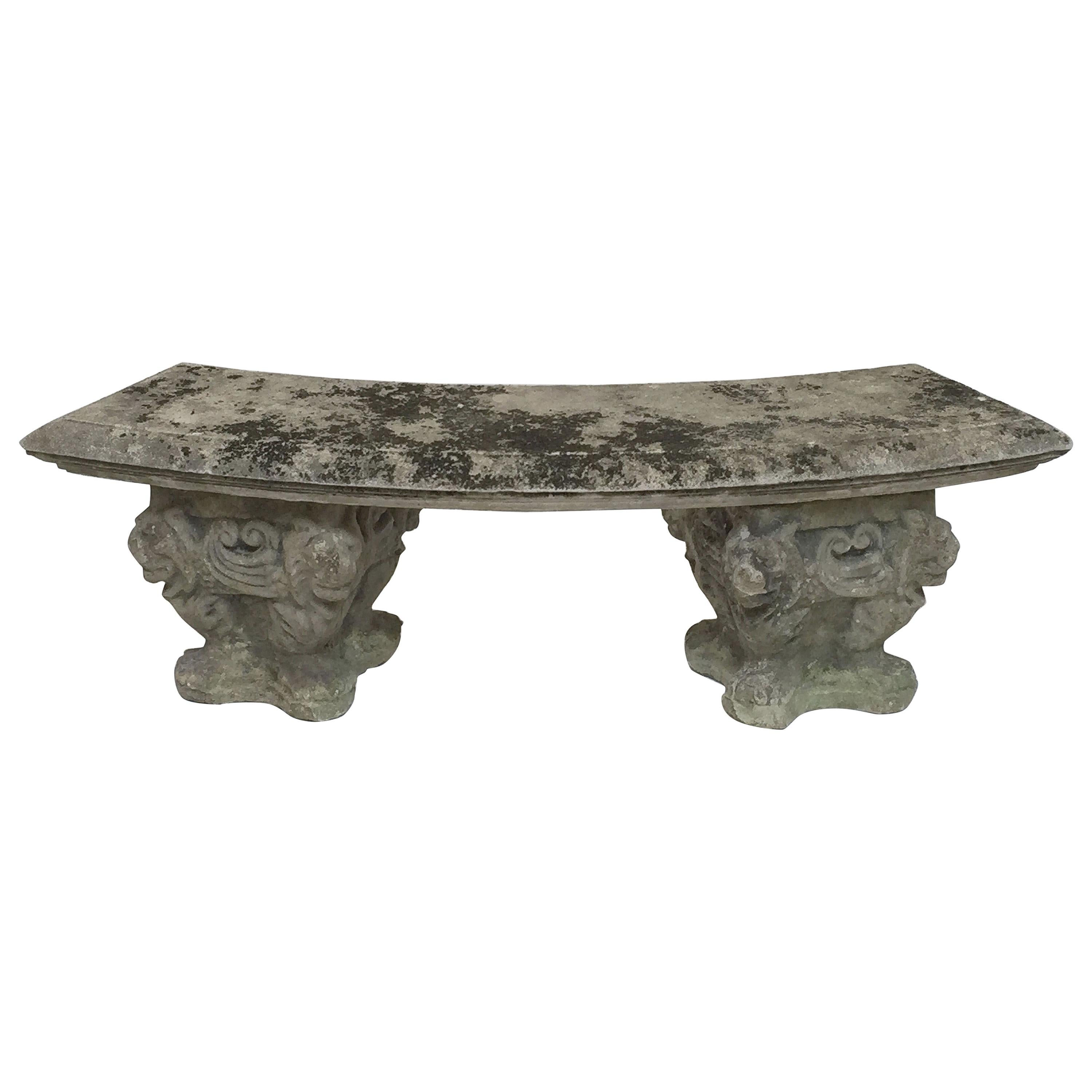 Large English Curved Garden Stone Bench or Seat with Lion and Scroll Base