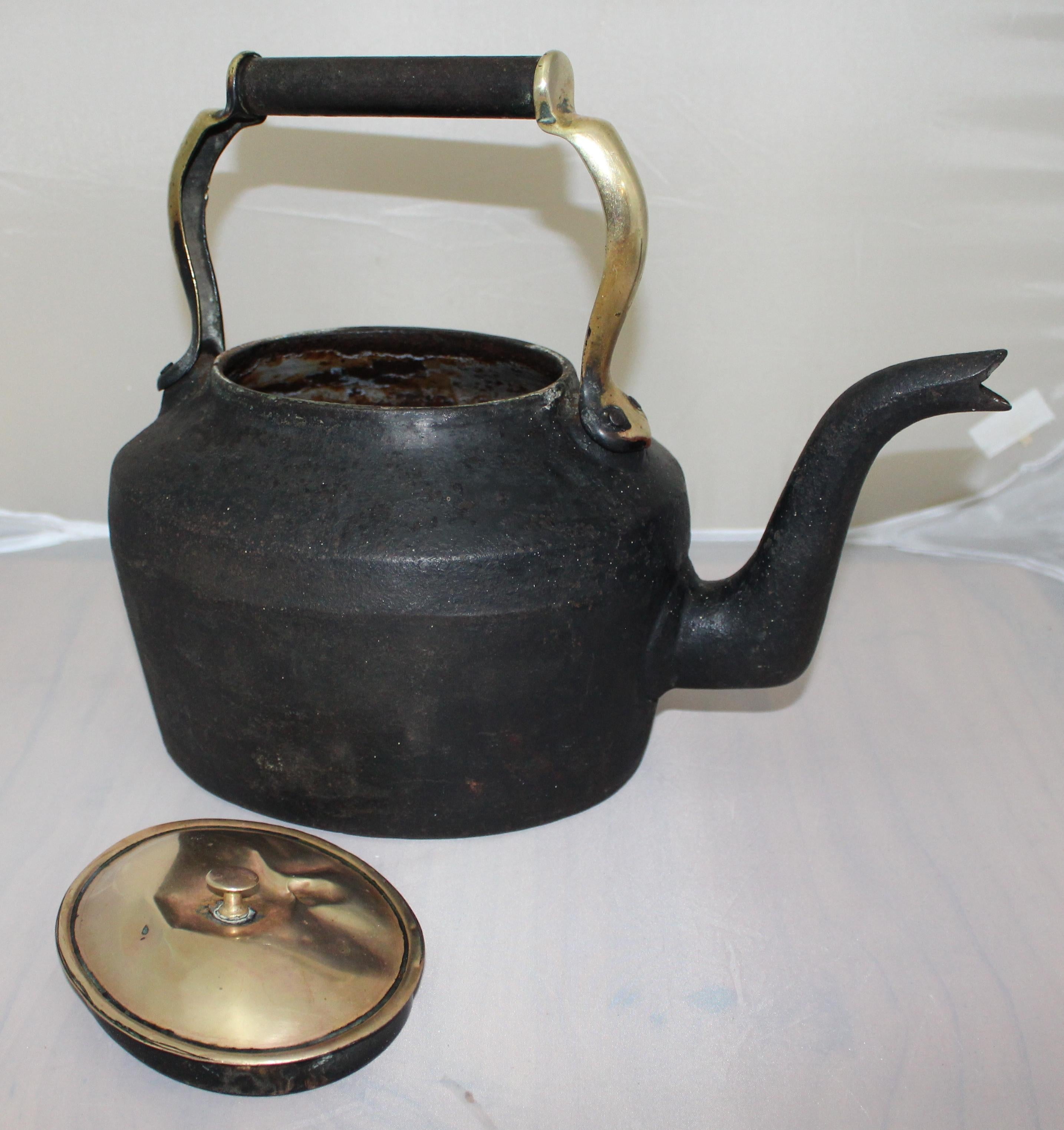 Large English Early 19th Century Cast Iron and Brass Kettle 2
