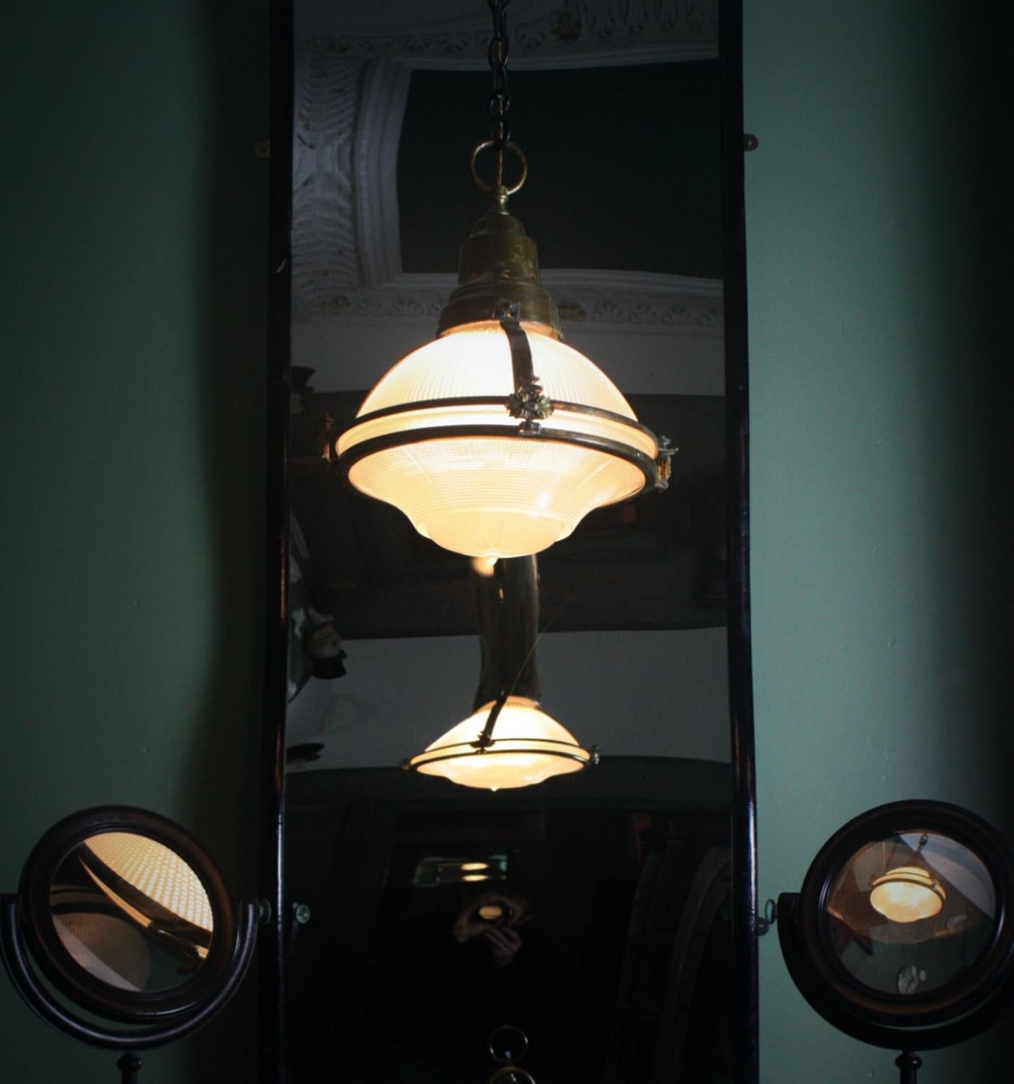 Large English Holophane Prismatic Glass and Brass Caged Pendant Light In Good Condition In Lowestoft, GB