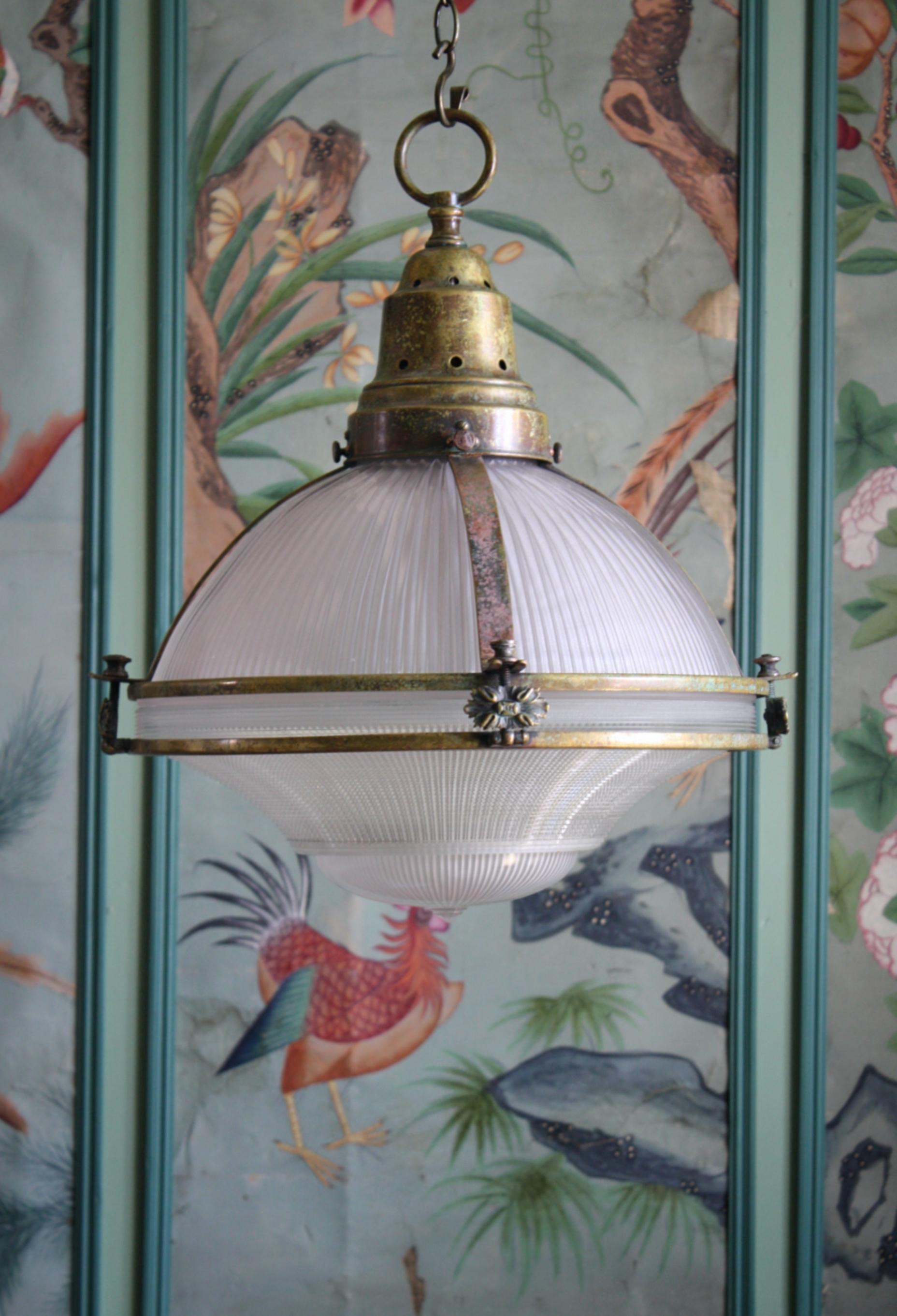 20th Century Large English Holophane Prismatic Glass and Brass Caged Pendant Light
