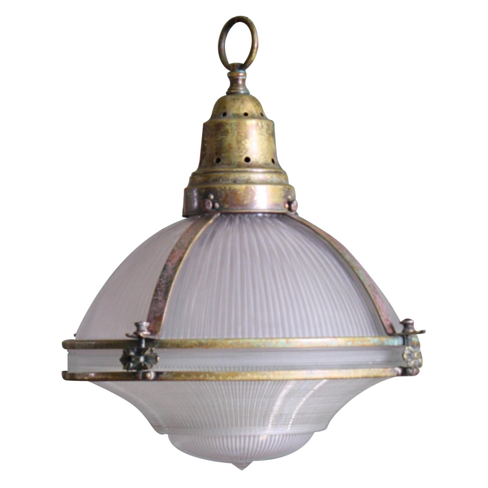 Large English Holophane Prismatic Glass and Brass Caged Pendant Light