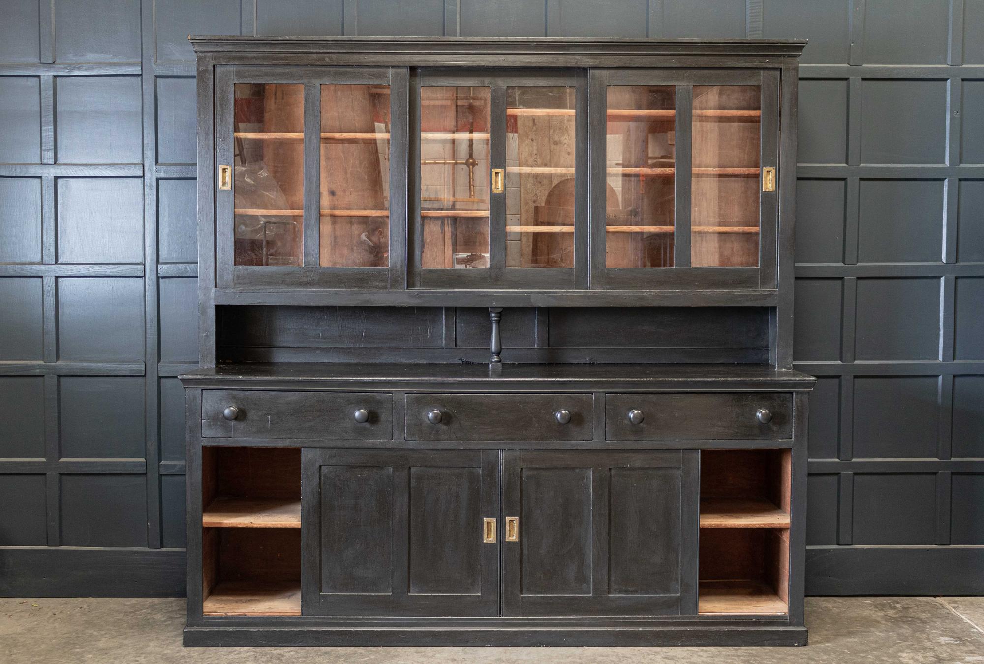 Pine Large English Ebonzed Glazed Butlers Pantry Cabinet
