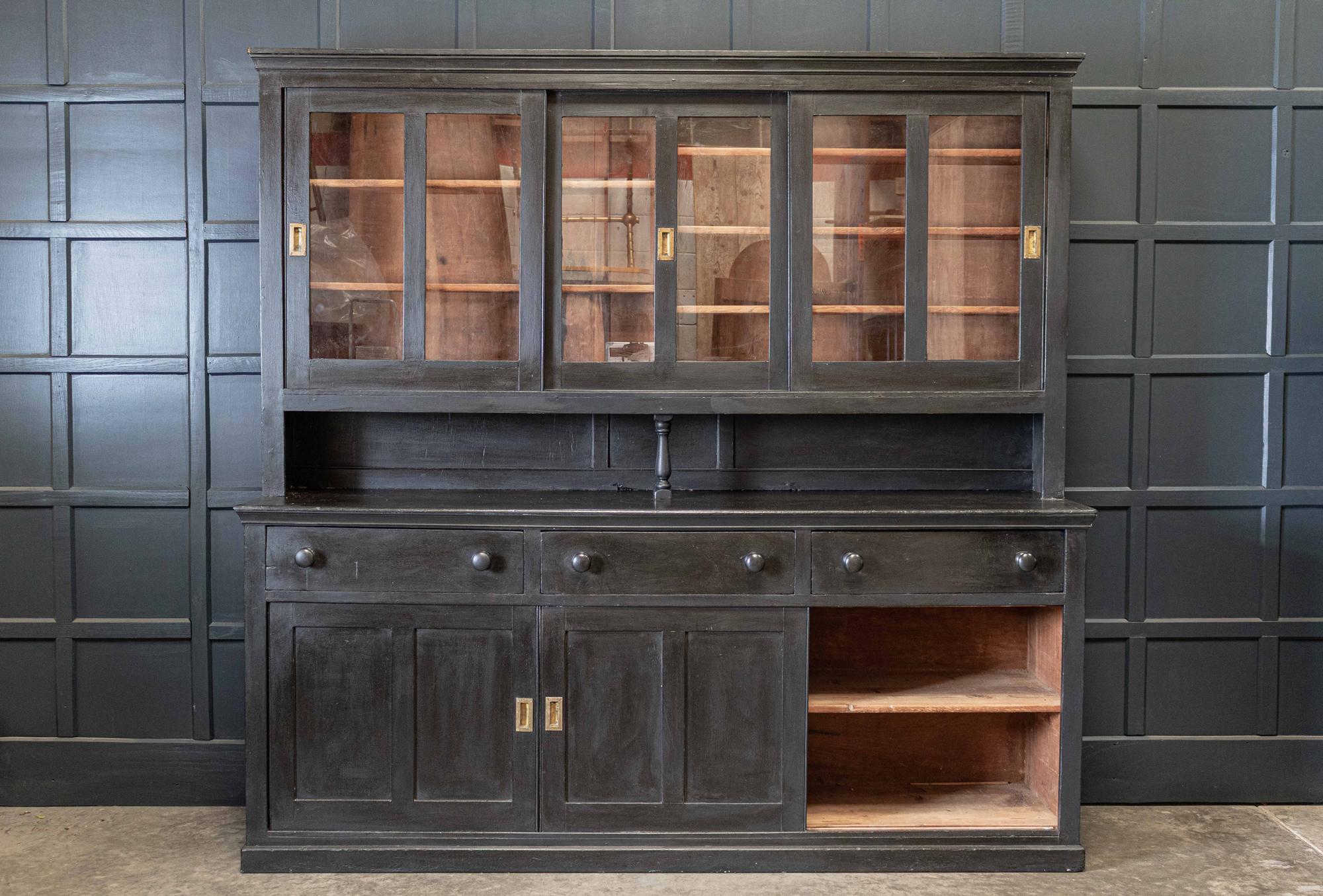 British Large English Ebonzed Glazed Butlers Pantry Cabinet