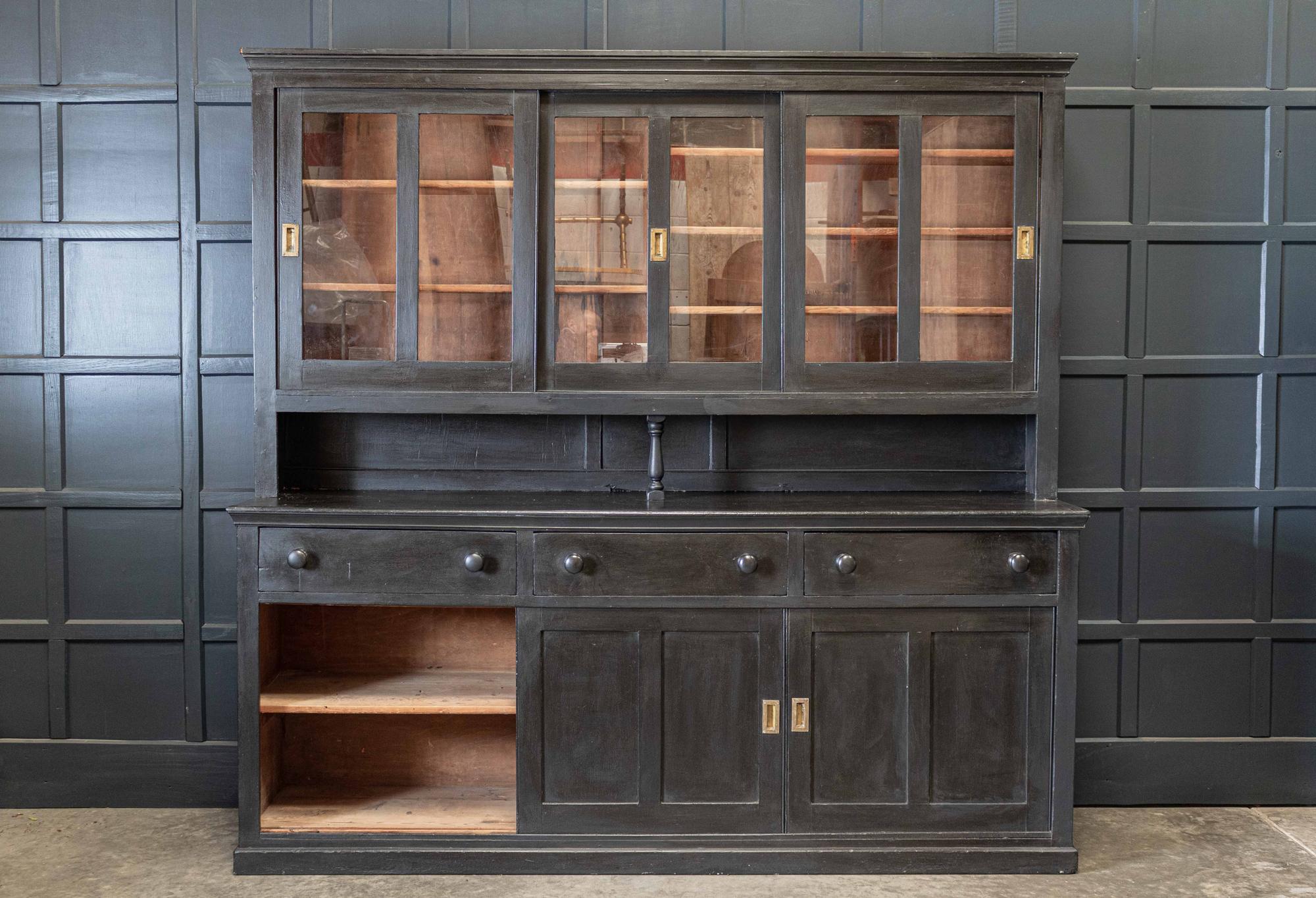 Painted Large English Ebonzed Glazed Butlers Pantry Cabinet