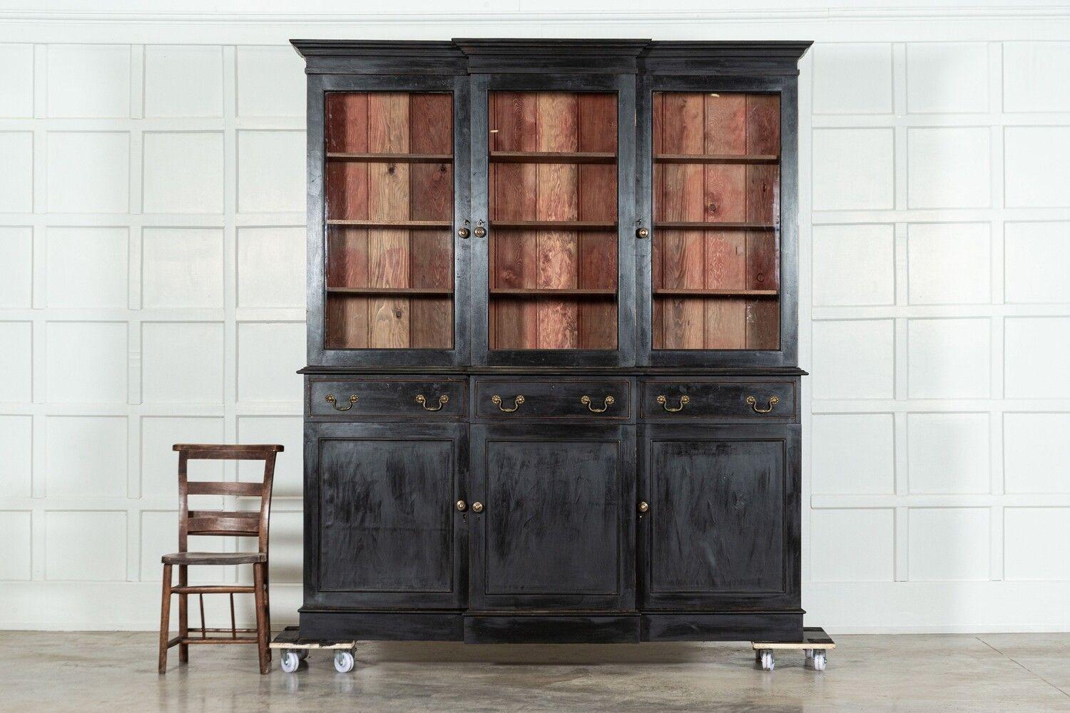 20th Century Large English Ebonised Mahogany Glazed Breakfront Bookcase For Sale